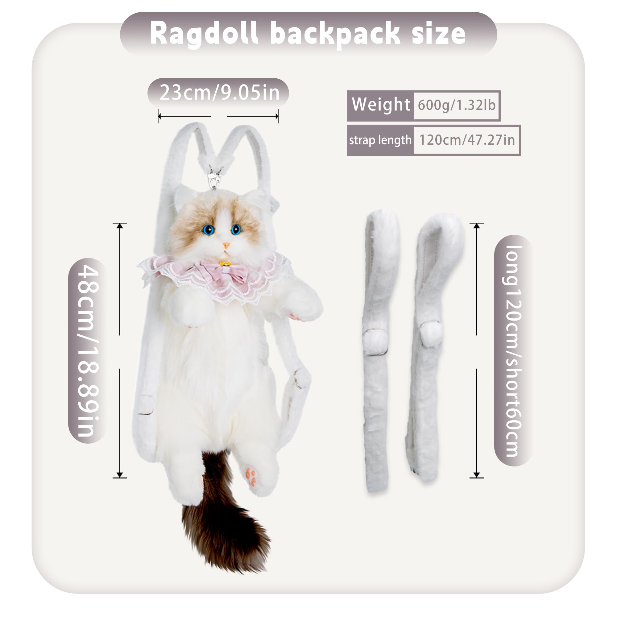 Realistic Cat Plush Backpack - Soft Stuffed Animal Backpack with Adjustable Straps for Kids & Adults - Perfect for School, Travel & Cosplay (White)