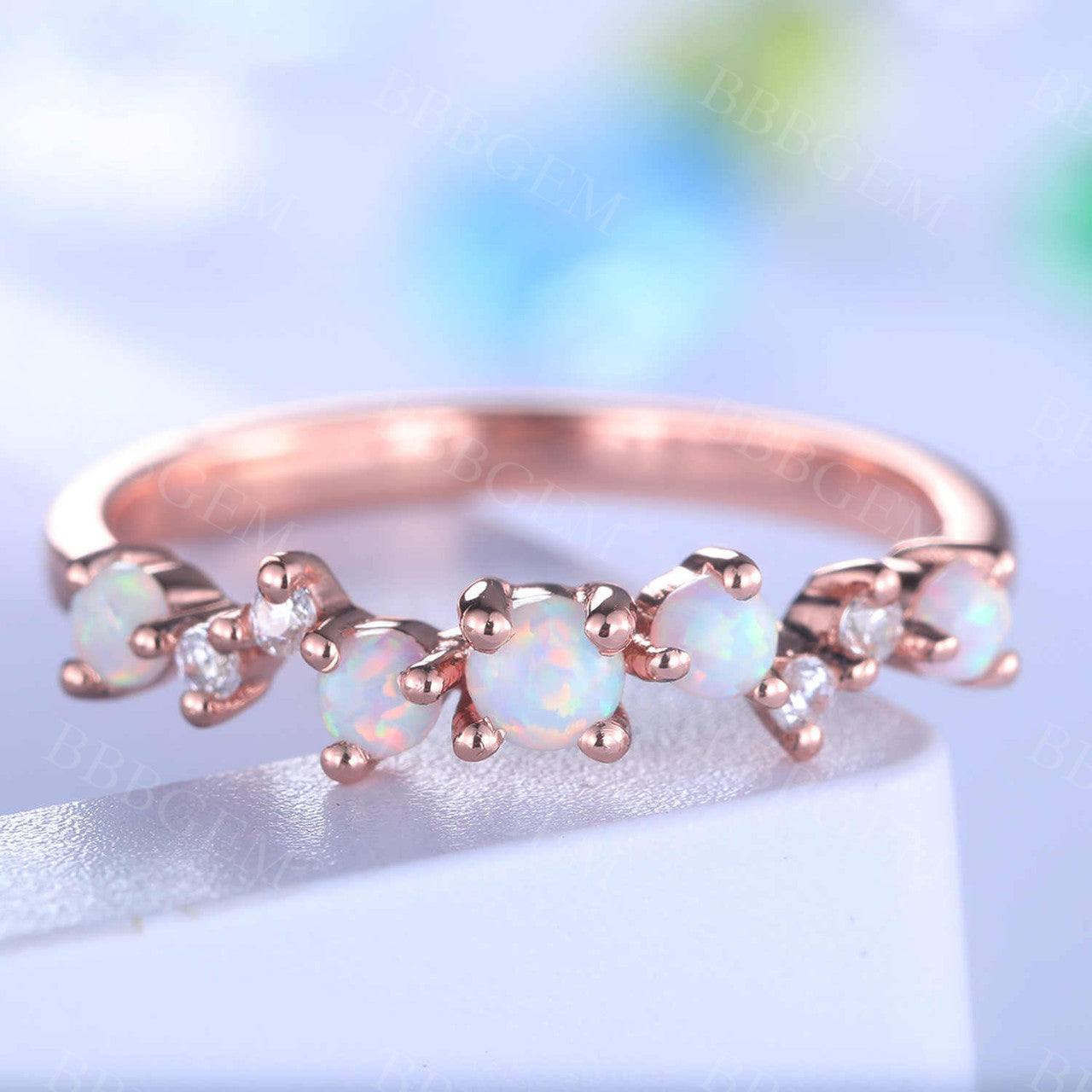 Unique Opal Wedding Band Rose Gold Diamond Ring for Women - Stackable Matching Promise Ring, Bridal & Anniversary Gift - Perfect for Engagement, Stacking Jewelry & Special Occasions
