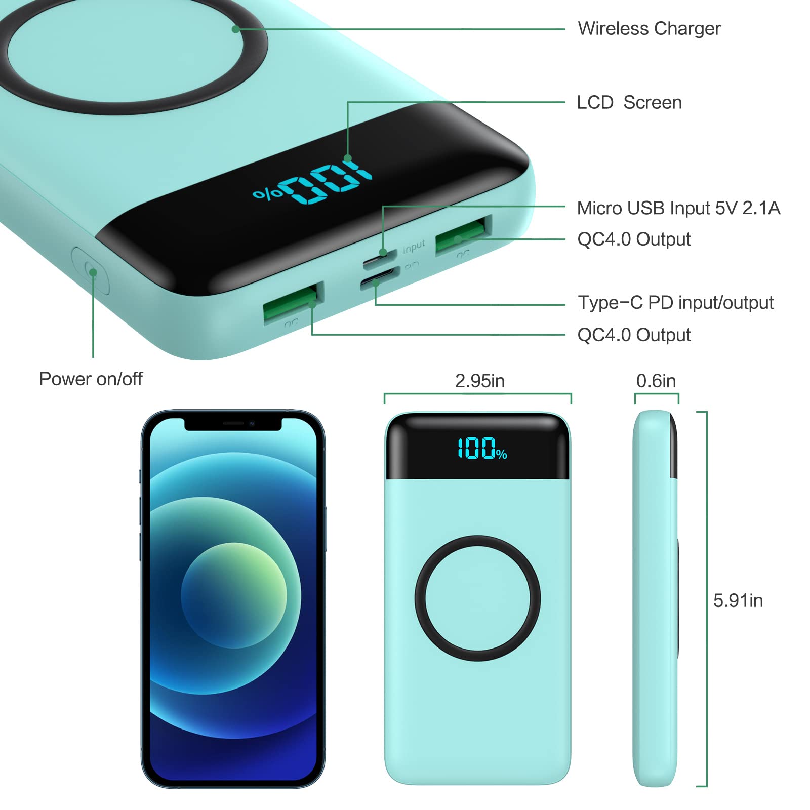 30,800mAh Wireless Portable Charger with 15W Wireless & 25W PD QC4.0 Fast Charging | Smart LED Display Power Bank | 4 Outputs & 2 Inputs | Compatible with iPhone 15/14/13, Samsung Galaxy S23/S22 | Perfect for Travel, Camping & Emergency Power Backup - Green