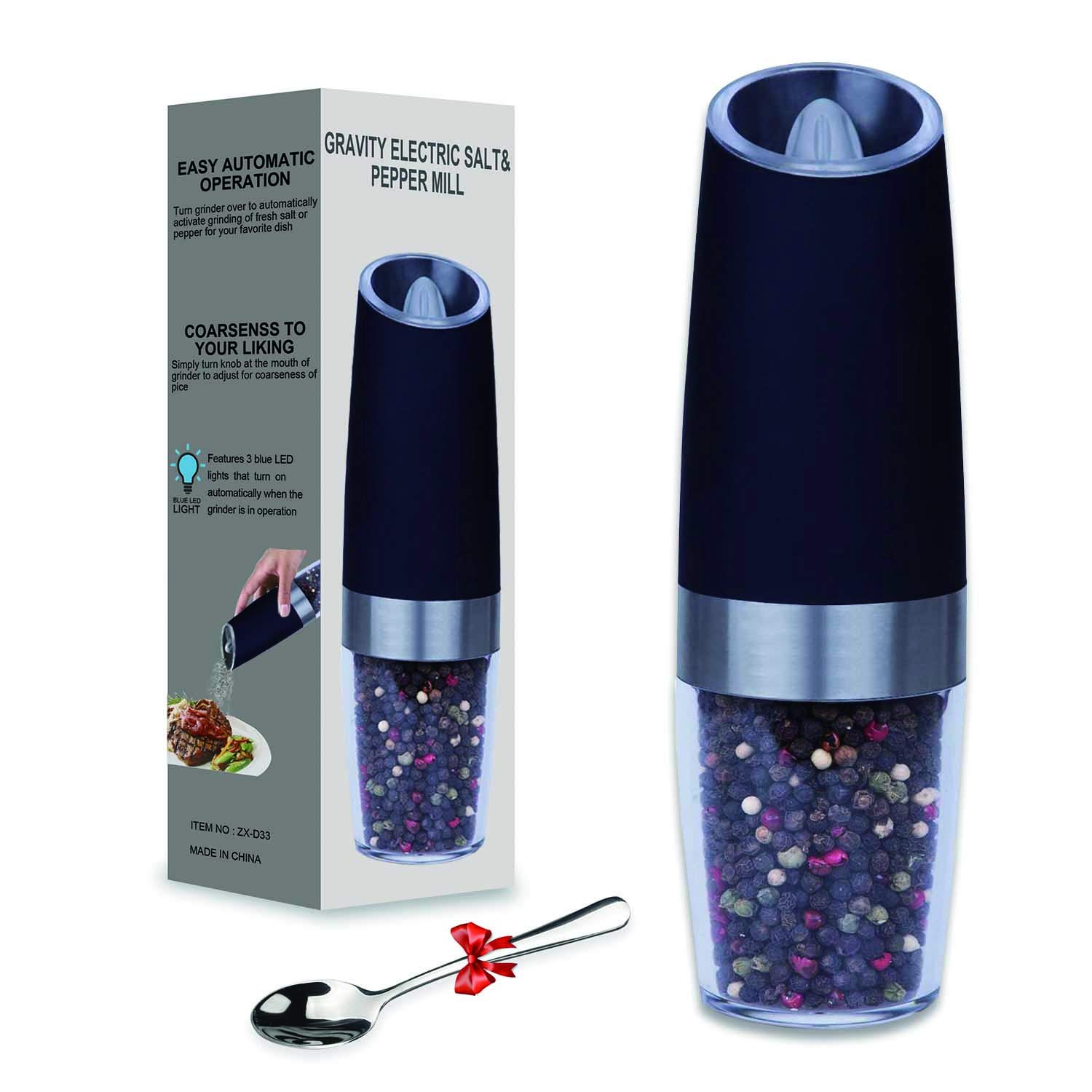 Premium Gravity Electric Pepper Grinder & Salt Mill - Battery Operated with Blue LED Light, One-Hand Operation, Adjustable Coarseness - Black Stainless Steel (Includes Spoon) - Perfect for Kitchen, Dining Table & Outdoor Cooking