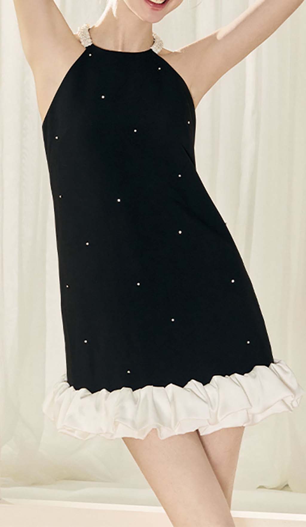 Black Frill Pearl Mini Dress - Elegant Party & Evening Wear for Women