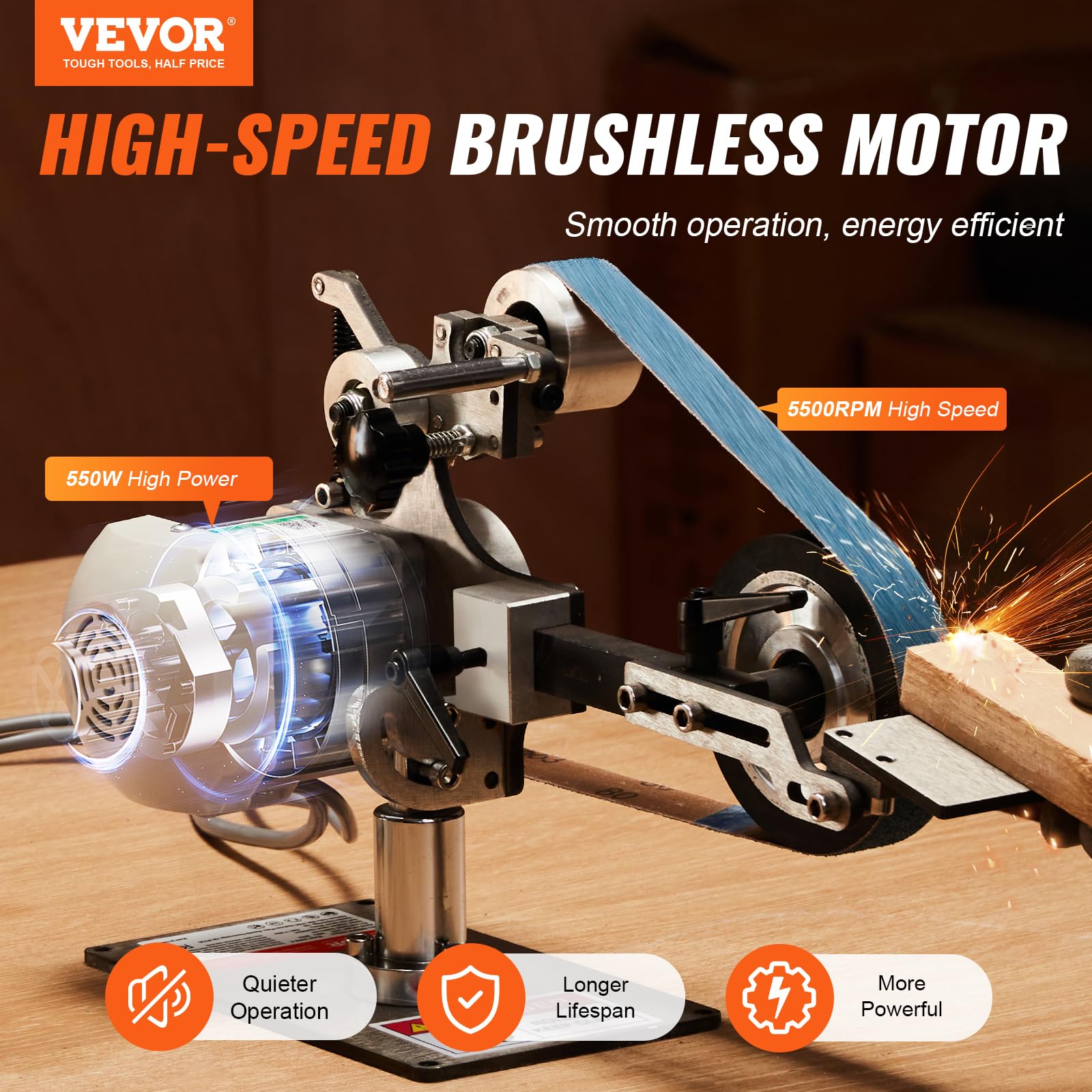VEVOR 30 x 1-Inch Variable Speed Belt Grinder Sander with VFD, 550W Metal Polishing & Grinding Machine - Includes 2 Grinding Moulds & 3 Sanding Belts for Knife Making, Metalworking, Woodworking & DIY Projects