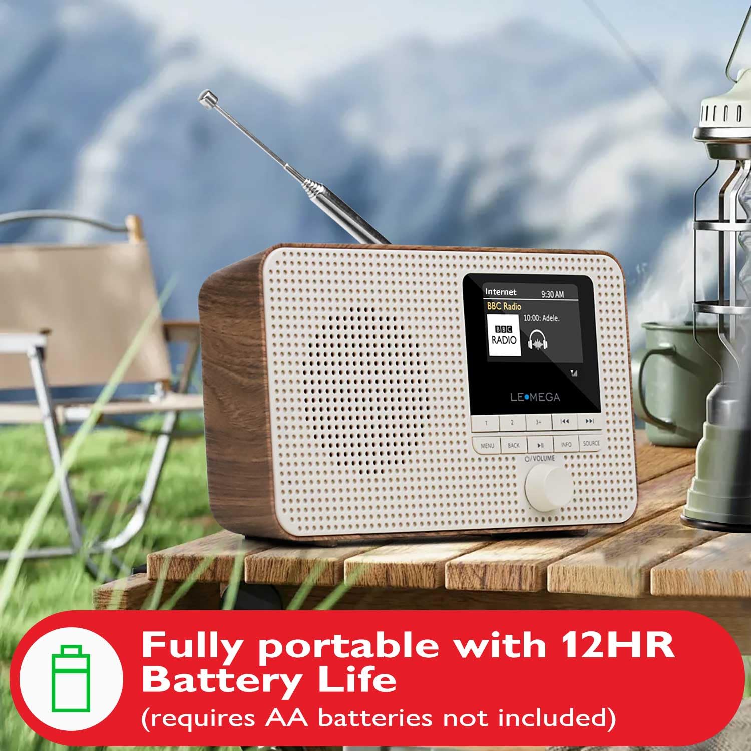 LEMEGA IR1 Portable WiFi Internet Radio with FM Digital Tuner, Bluetooth Speaker, Dual Alarm Clock, Sleep Timer, 40 Presets, Headphone Jack, Color Display - Battery or AC Powered (Walnut Finish) - Perfect for Home, Office, and Travel Use
