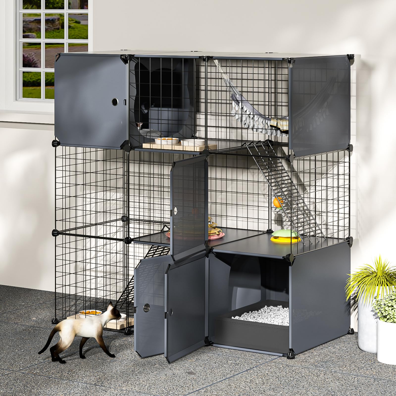 3-Tier Large Cat Enclosure Indoor & Outdoor Playpen with Detachable Litter Box - Metal Wire Kennel Cage for Kittens & Cats - Perfect for Playtime, Training & Safe Outdoor Adventures