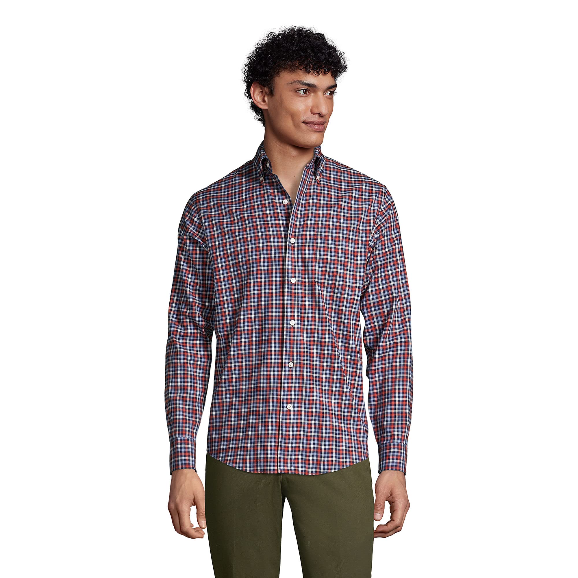 Lands' End Men's Traditional Fit No Iron Twill Shirt - Comfortable Wrinkle-Free Dress Shirt for Office, Business & Casual Wear