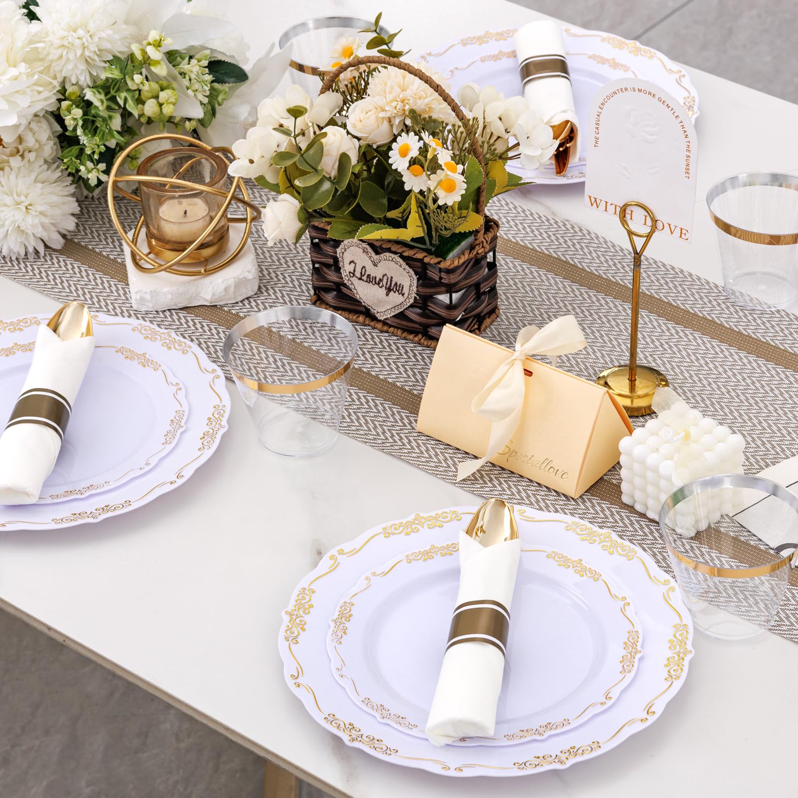 175-Piece Gold Plastic Party Dinnerware Set - 25 Dinner Plates, 25 Dessert Plates, 25 Gold Cutlery, 25 9oz Cups & 25 Rolled Napkins - Elegant White & Gold Disposable Tableware for Weddings, Birthdays & Special Events