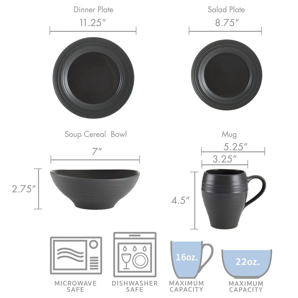 16-Piece Swirl Graphite Dinnerware Set - Service for 4, Modern Stoneware Plates Bowls & Mugs - Perfect for Family Dinners, Entertaining Guests & Everyday Use
