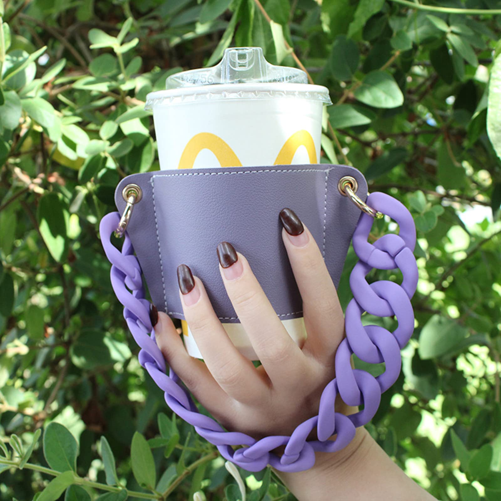 Premium Leather Drink Sleeve Holder - Insulated Reusable Travel Coffee Cup Holder with Detachable Metal Chain | Portable Beverage Carrier for Commuting, Office & Outdoor Activities (Purple)