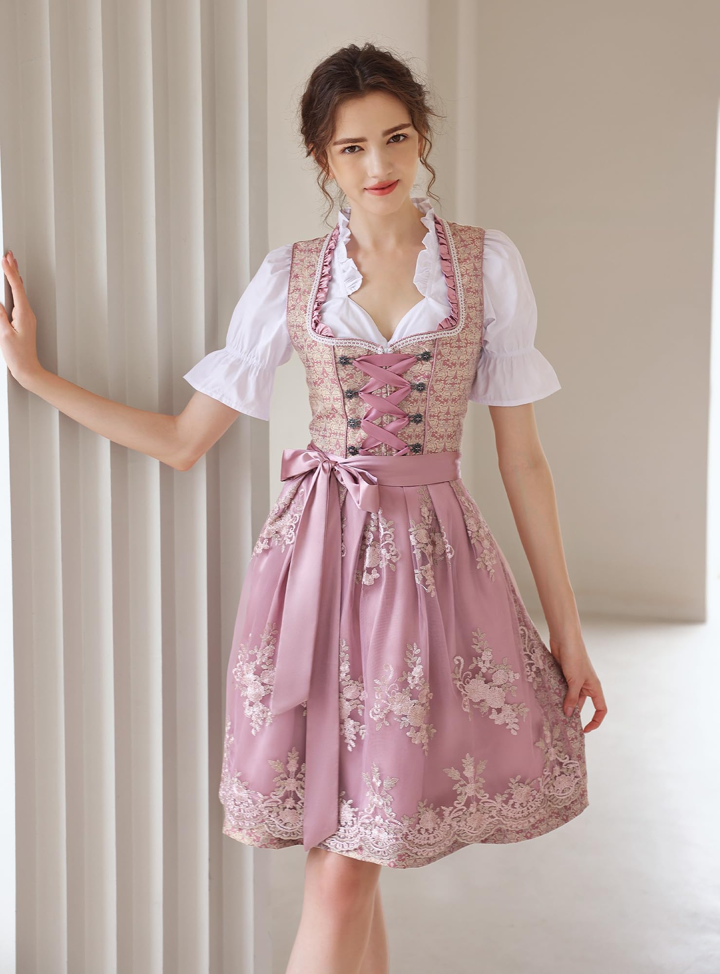 Authentic German Dirndl Dress for Women - 3-Piece Oktoberfest Costume with Blouse & Apron in Pink | Perfect for Oktoberfest, Halloween, Themed Parties & Cultural Events