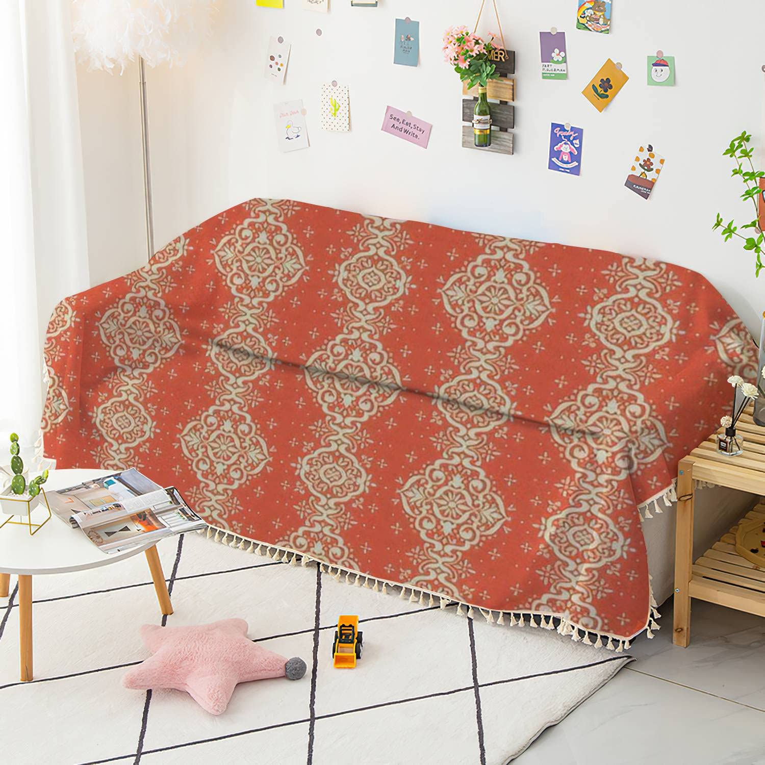 Washable Sofa Cover with Ikat Seamless Border & Snowflakes Openwork Lace - Christmas Holiday Couch Slipcover, Furniture Protector for Pets, Living Room & Bedroom Decor | Perfect for Seasonal Home Refresh & Pet-Friendly Furniture Protection