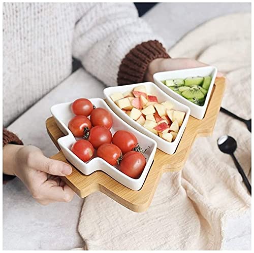 ZPTECH Ceramic Bamboo Wood Christmas Ornaments Bowls - Holiday Tree Decor, Snack Platter, Fruit & Dessert Serving Dish for Christmas Parties, Breakfast, and Home Decor