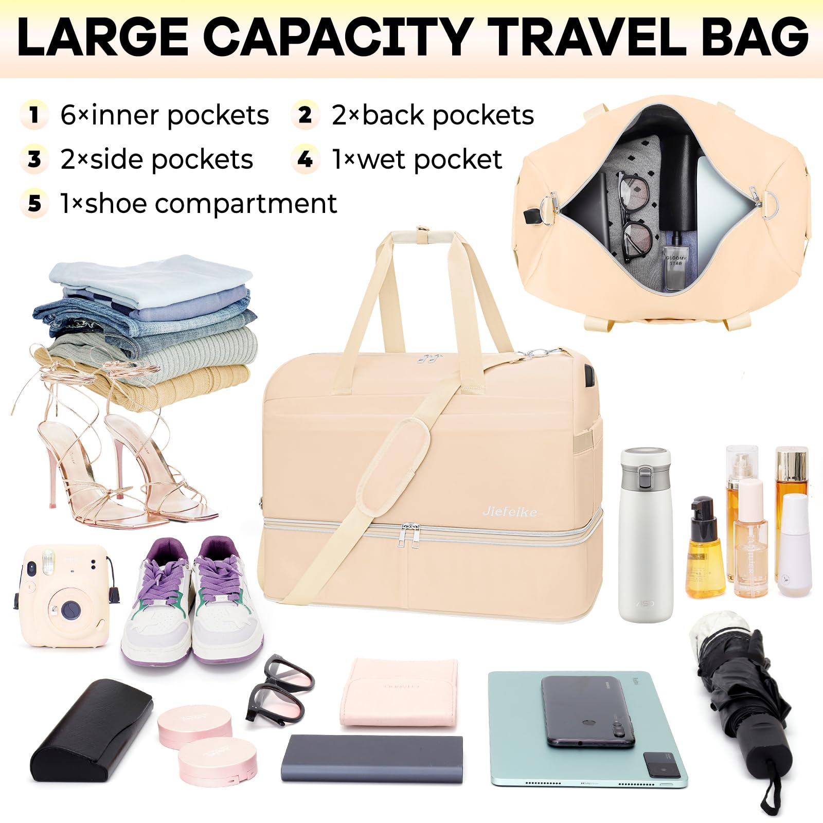 **Women's Expandable Weekender Travel Duffel Bag - 66L Large Overnight Bag with Shoe Compartment, Waterproof Pocket & USB Charging Port - Perfect for Gym, Beach, Hospital & Outdoor Adventures**