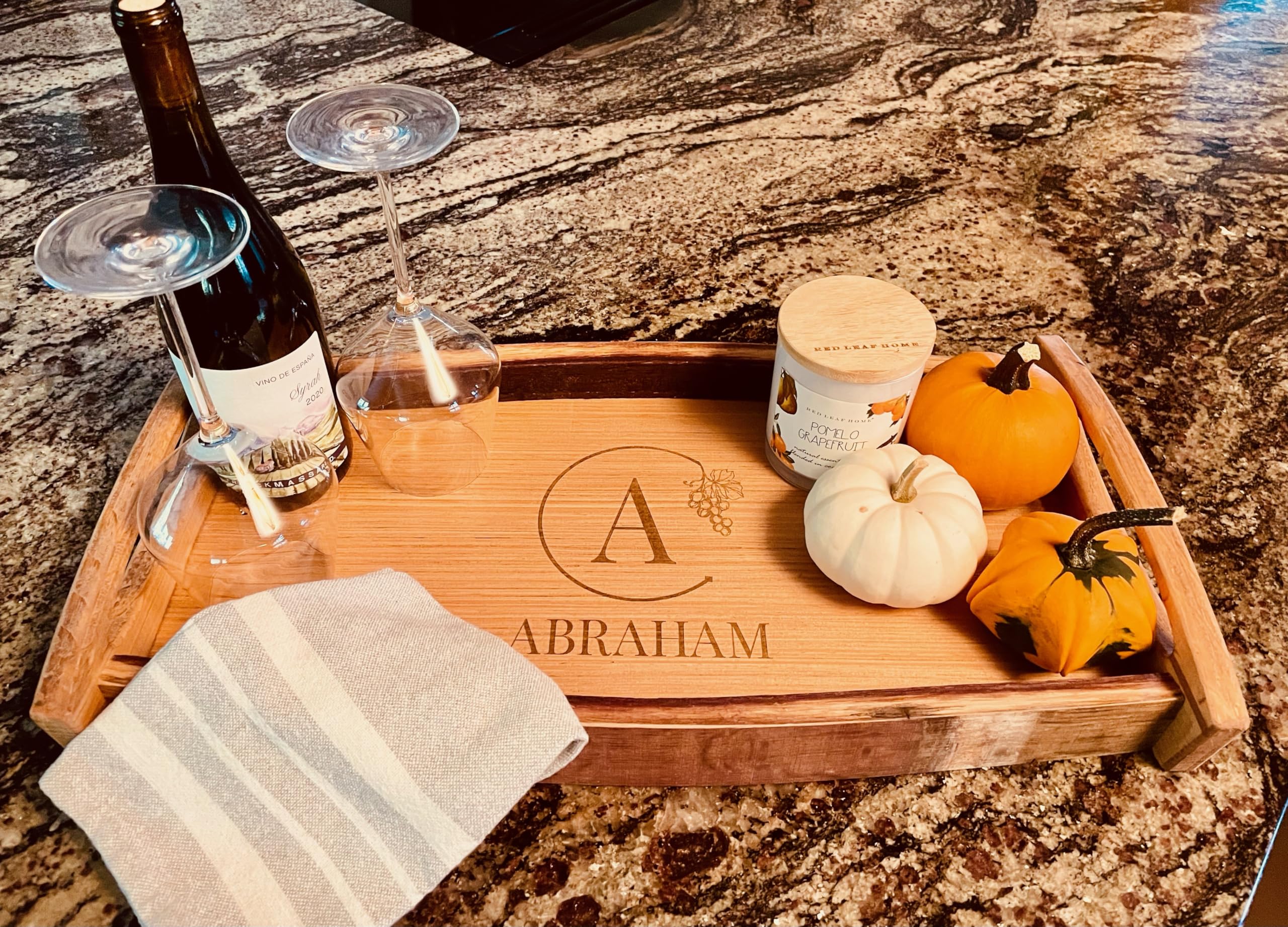 Handmade Personalized Wine Barrel Serving Tray with Hanging Grapes Design - Rustic Charcuterie Board for Wine & Cheese Parties, Wedding Gifts, Home Decor