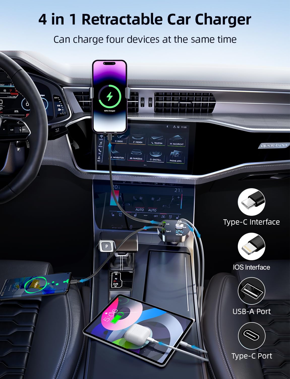 Fast Charging Retractable Car Charger - 4-in-1 Dual USB Port Adapter with 31.5