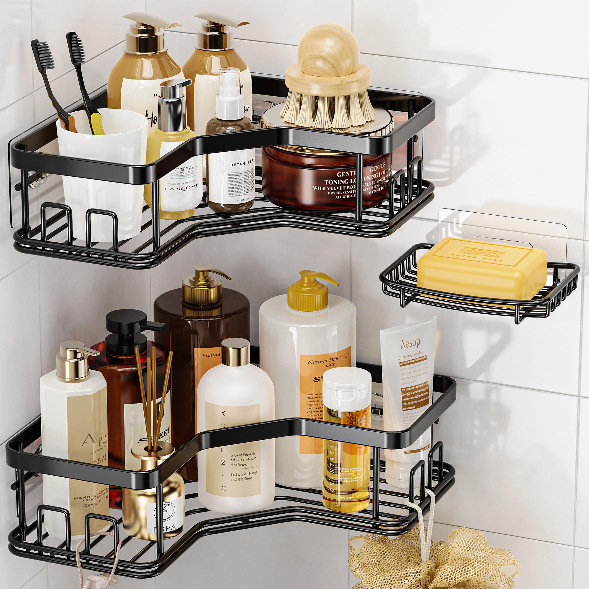 MAXIFFE 3-Pack Shower Caddy Organizer - Rustproof Corner Shelves & Storage Rack for Bathroom, Countertop & Shower Accessories - Space Saving Home Decor Set in Black (Perfect for Small Bathrooms & Apartment Showers)