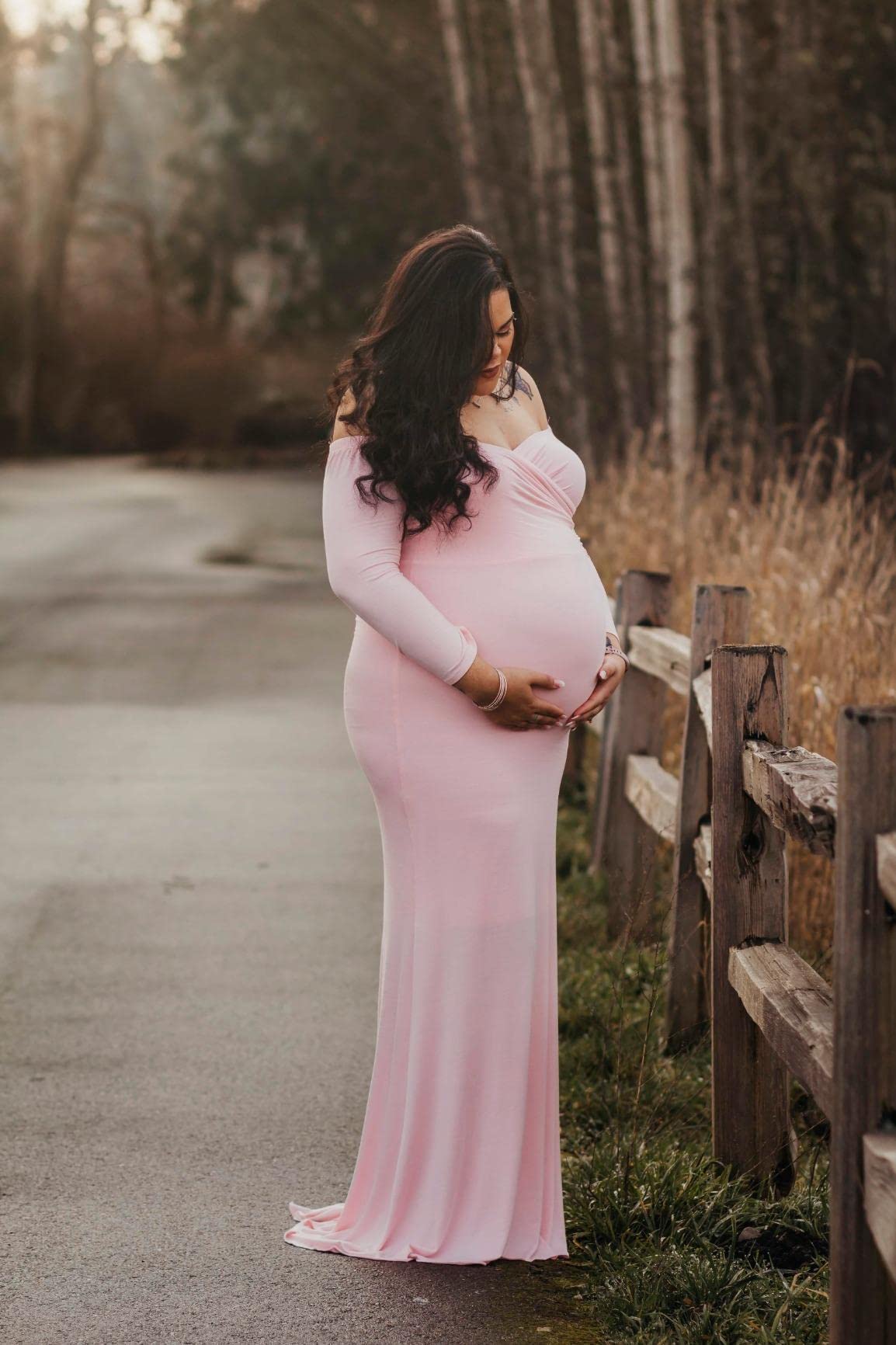 Saslax Elegant Maternity Maxi Dress - Long Sleeve Slim Fit Photography Gown for Pregnancy Photos, Baby Shower & Special Occasions