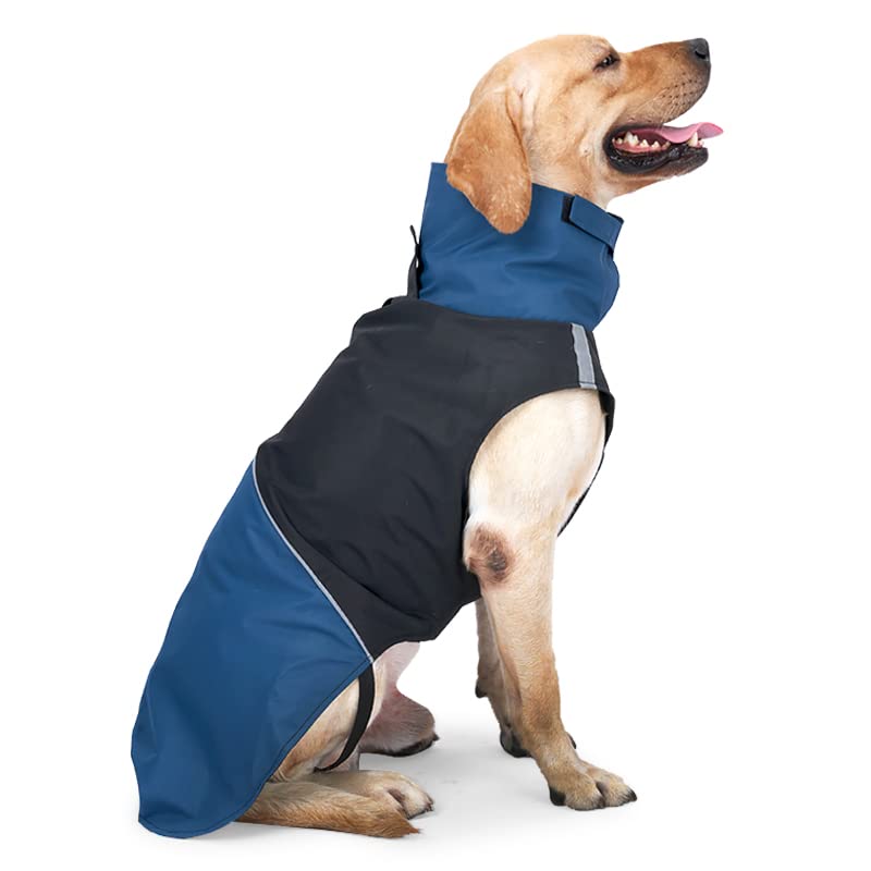 Windproof & Waterproof Dog Winter Coat - Warm Outdoor Jacket with Leash Hole for Cold Weather, Black & Blue - Perfect for Walking, Hiking & Rainy Days
