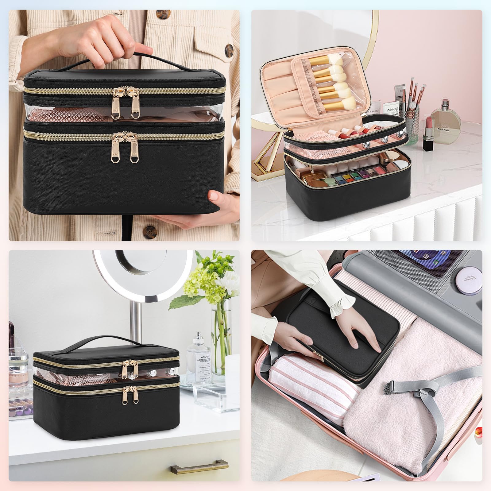 OCHEAL Double Layer Large Capacity Makeup Bag for Women - Travel Cosmetic Organizer with Handle & Divider - Perfect for Travel, Gym & Daily Use - Black