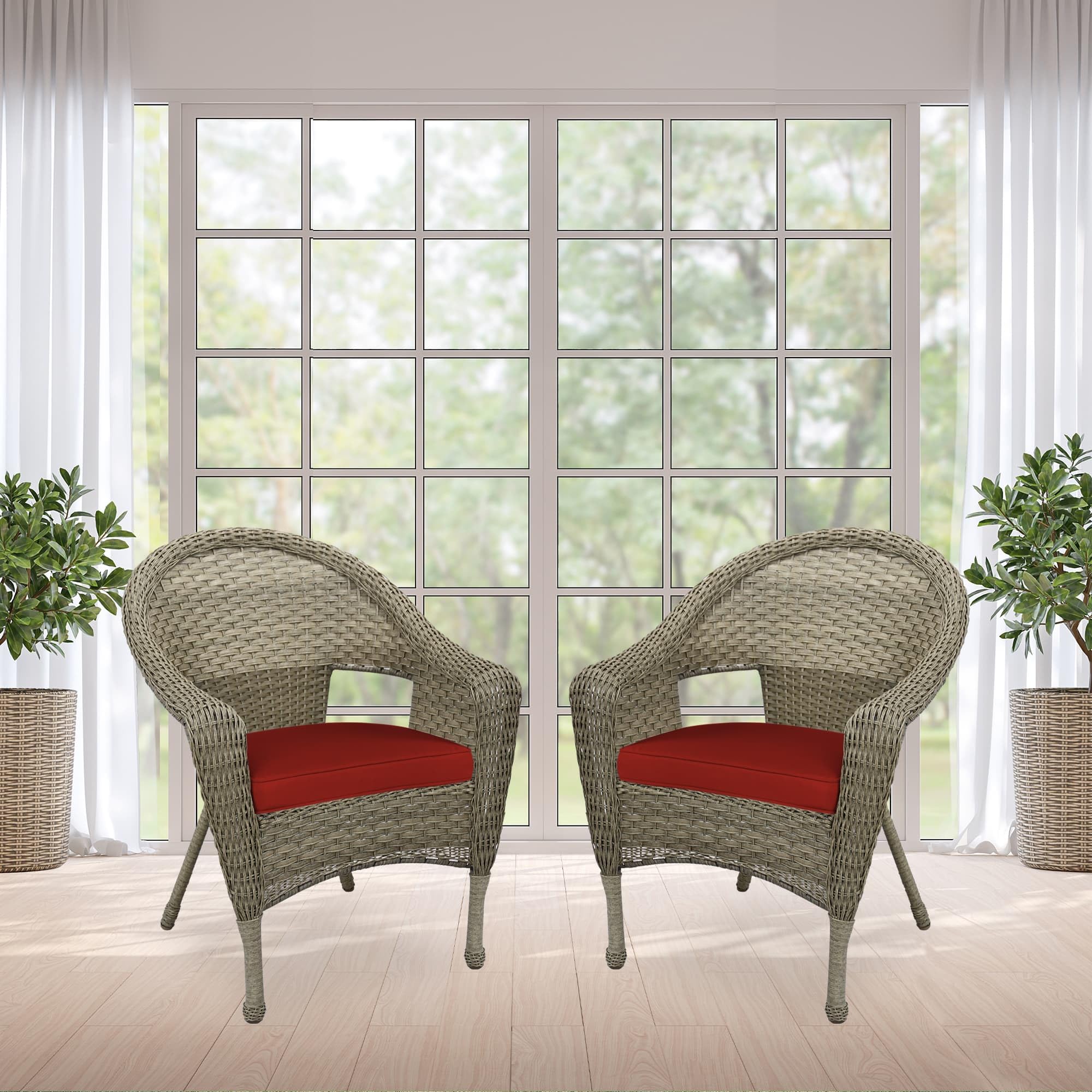 Jeco W00402G_2-FS018 Set of 2 Outdoor Resin Wicker Clark Single Chairs with Grey Frame & Brick Red Cushions - Patio, Garden, Poolside Furniture for Relaxing