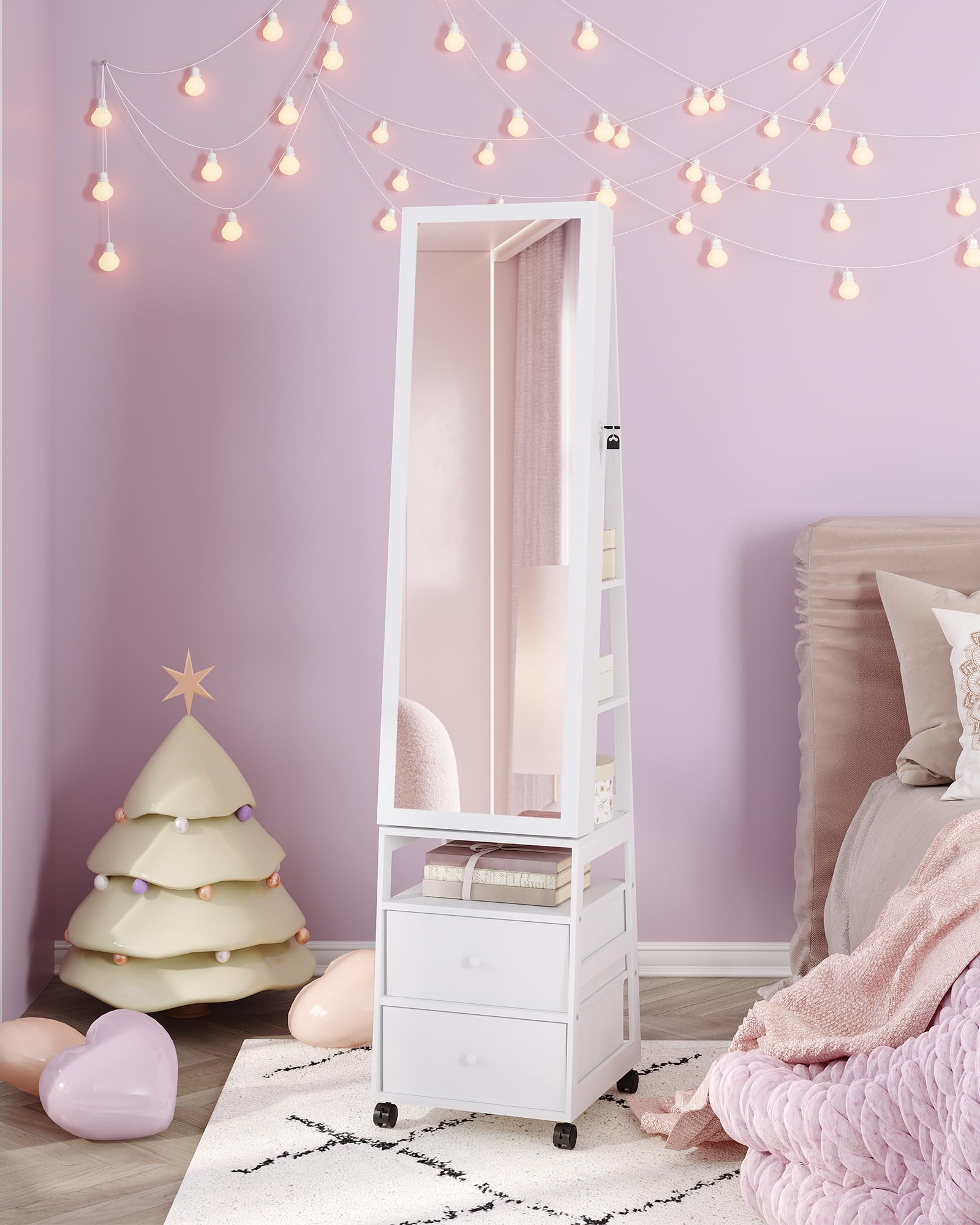 Lockable Jewelry Organizer Mirror Cabinet with Lights & Wheels - 360° Swivel, 2 Drawers for Women's Jewelry Storage - Bedroom/Bathroom Use