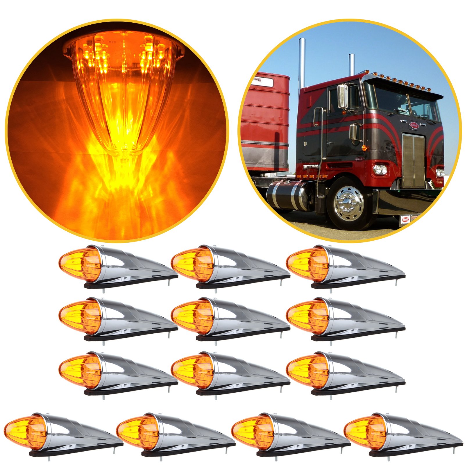 ECCPP 13X Amber 17LED Chrome Torpedo Cab Marker Light with Clear Lens - DOT Approved Truck Trailer Roof Running Light for Peterbilt, Kenworth, Freightliner, Volvo & Mack - Perfect for Night Driving and Enhanced Vehicle Visibility