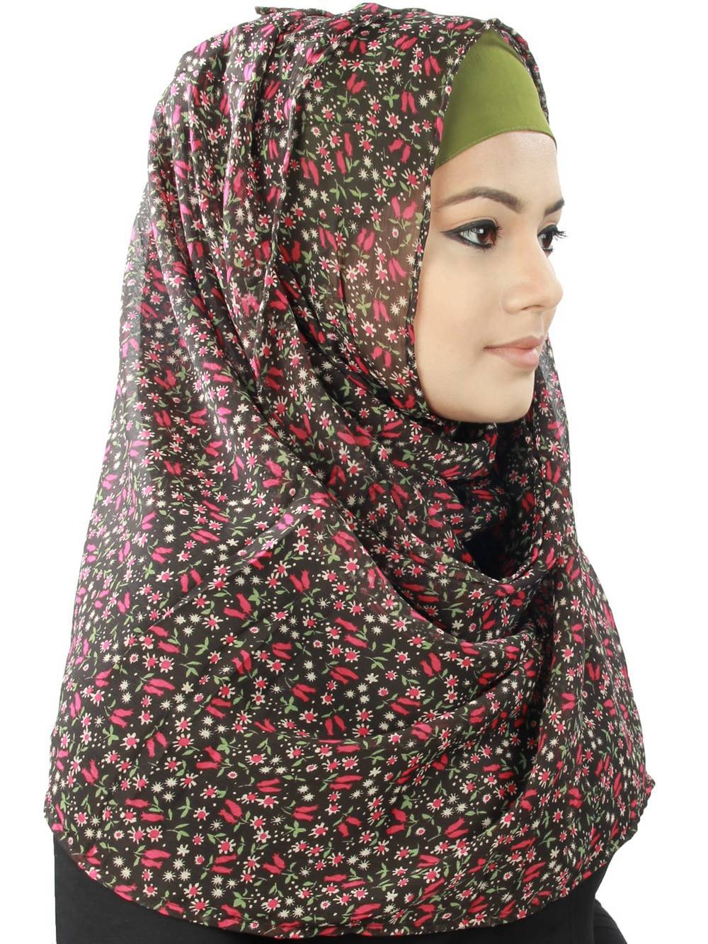 Akia Black Floral Print Georgette Hijab Scarf - Modest Muslim Headscarf for Women - Perfect for Prayer, Work & Special Occasions