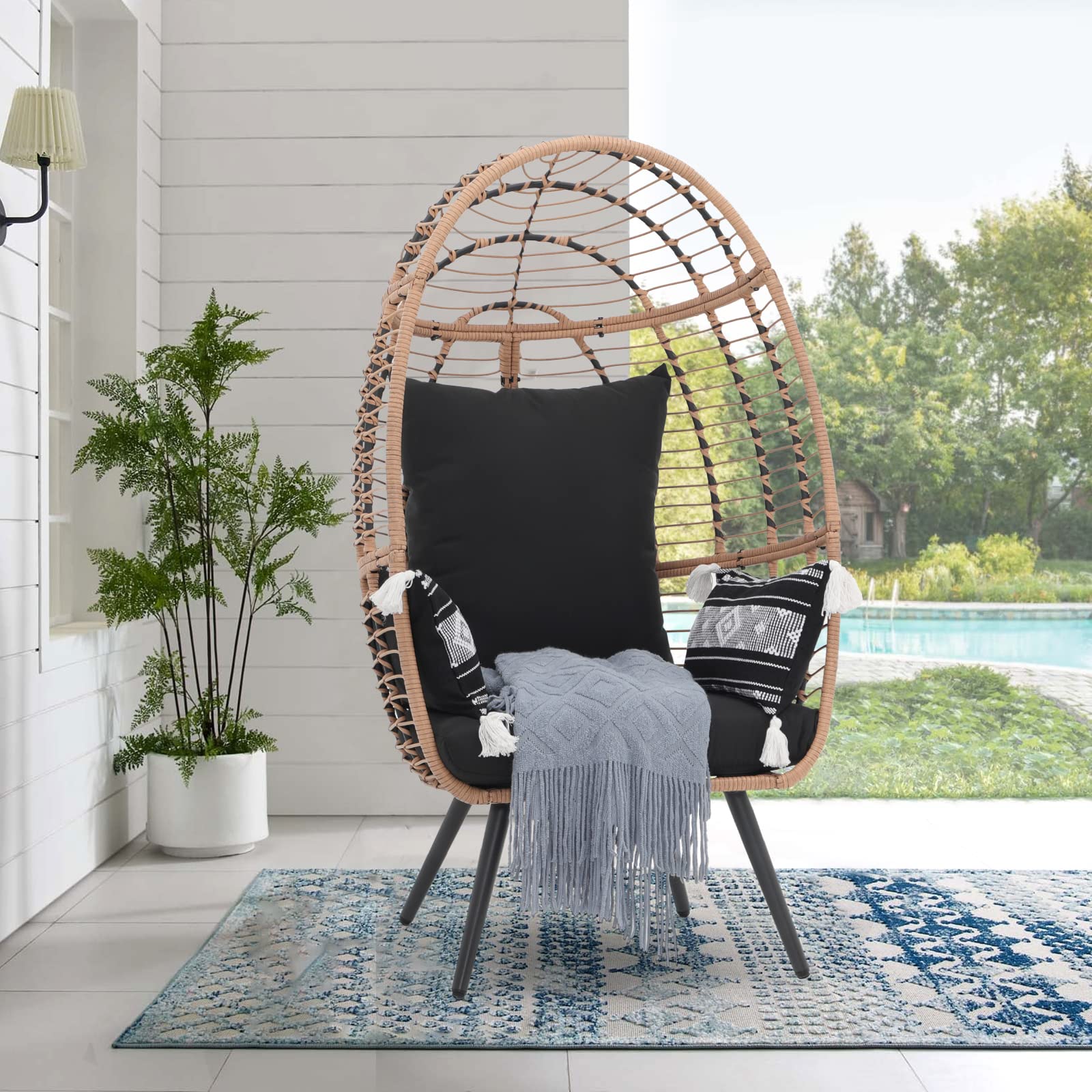 JOIVI Oversized Wicker Egg Chair - Indoor/Outdoor Rattan Hanging Lounger with Stand & Cushions - Patio, Porch, Backyard, Living Room, Balcony Furniture - Perfect for Relaxing, Reading & Sunbathing (Beige Rattan, Black Cushion)