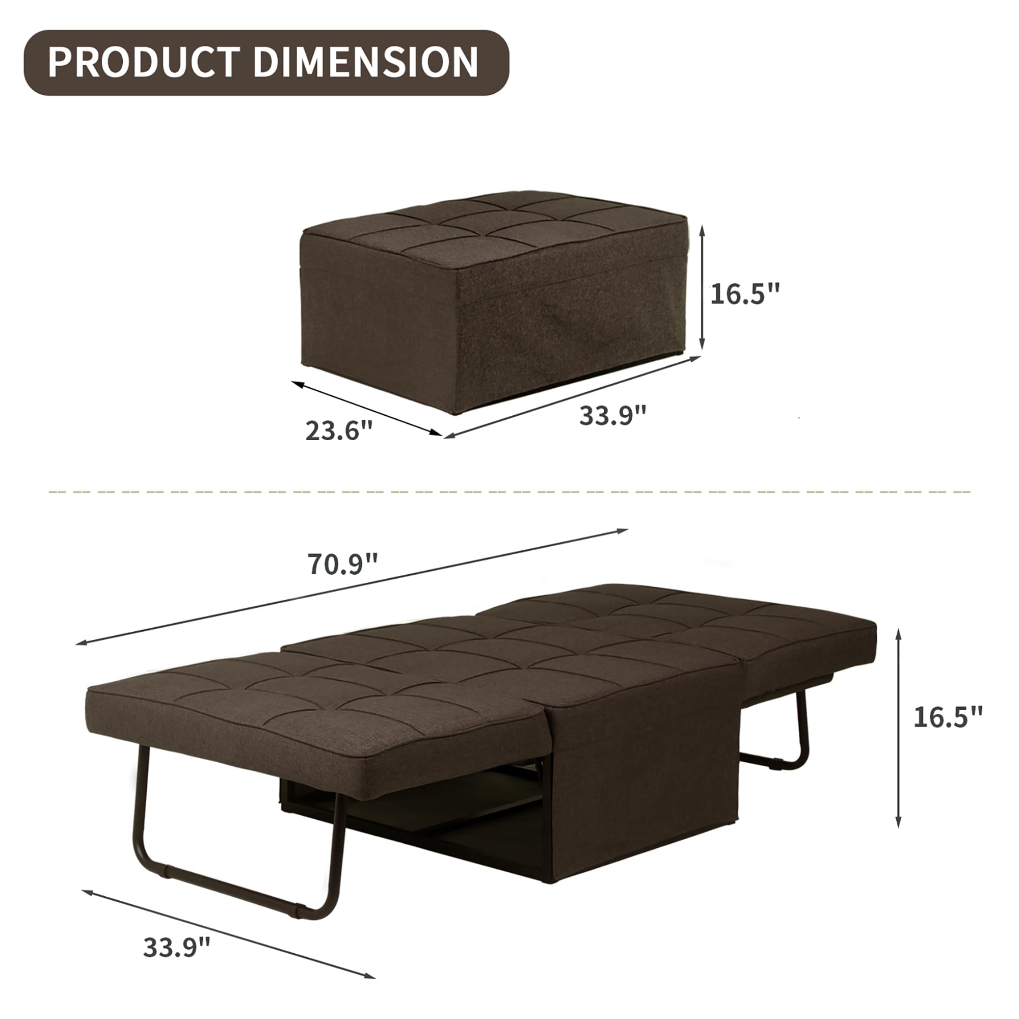 Ainfox 4-in-1 Convertible Sofa Bed - Multi-Functional Futon Chair Bed with Adjustable Backrest, No Installation Folding Couch for Small Spaces, Living Room & Office (Dark Brown) - Perfect for Guest Rooms, Apartments and Home Theater Seating