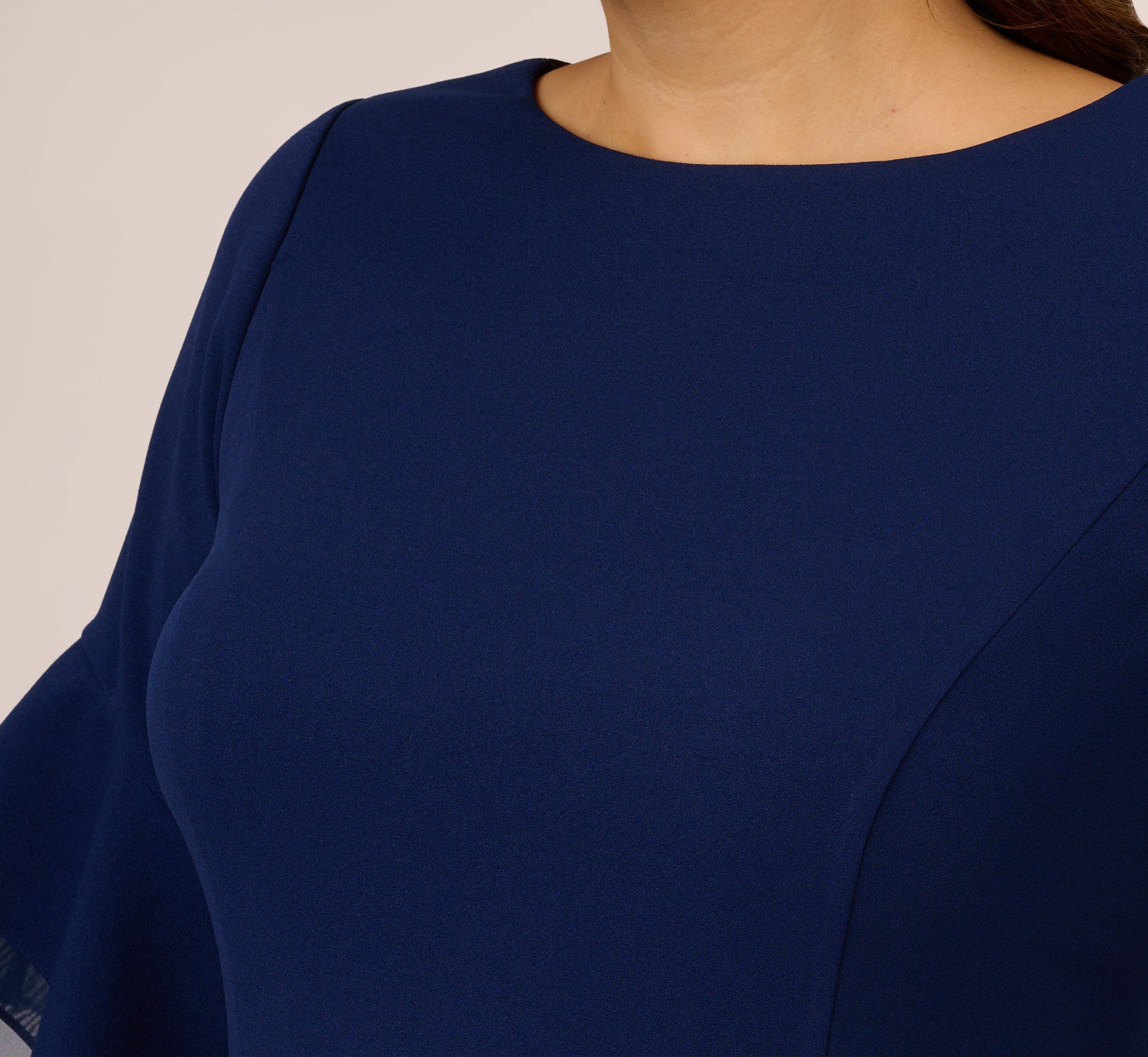 Plus Size Knit Crepe Sheath Dress with Tiered 3/4 Sleeves in Navy Sateen - Elegant Office Wear & Special Occasion Outfit