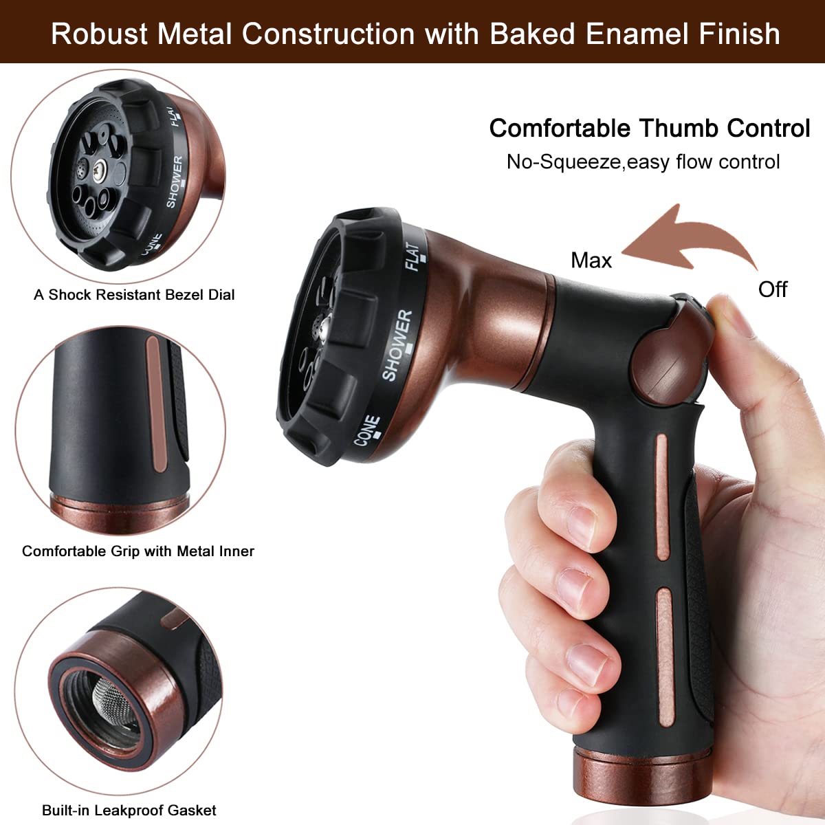 FANHAO Heavy Duty Metal Garden Hose Nozzle - 100% Rust-Proof Thumb Control Water Sprayer for Lawn, Car Washing & Outdoor Cleaning