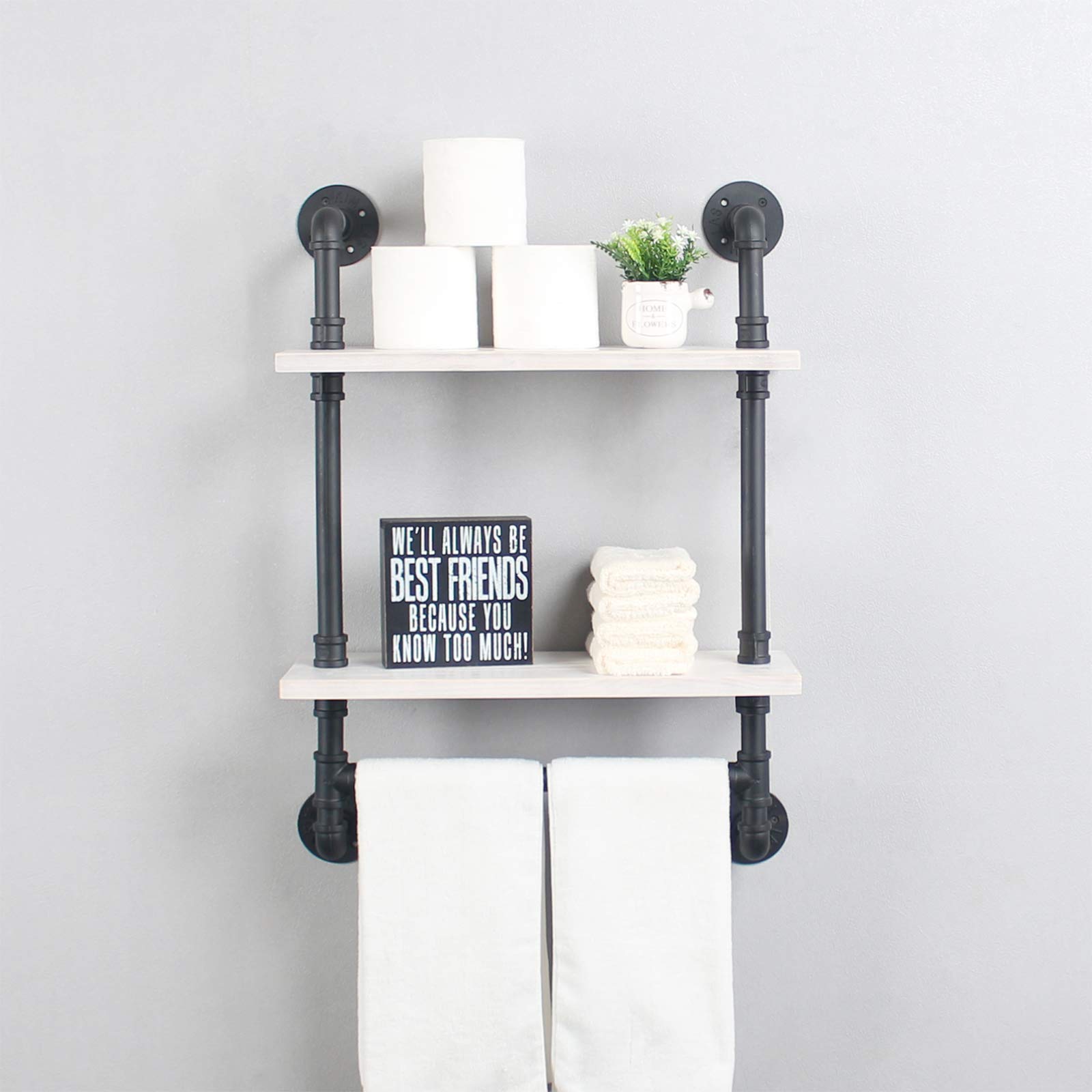 Rustic White Bathroom Shelf with Towel Bar - Wall Mounted Storage for Kitchen & Toilet (19.7