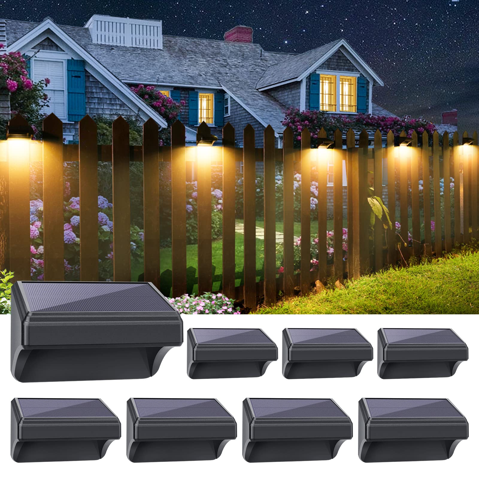 Aulanto 8 Pack Solar Fence Lights - IP65 Waterproof Outdoor Solar Lights with Warm White & 10 RGB Color Changing Modes - Perfect for Backyard, Garden, Fence, Wall, Deck, Stairs - Create Ambient Lighting for Patio Parties & Pathway Safety