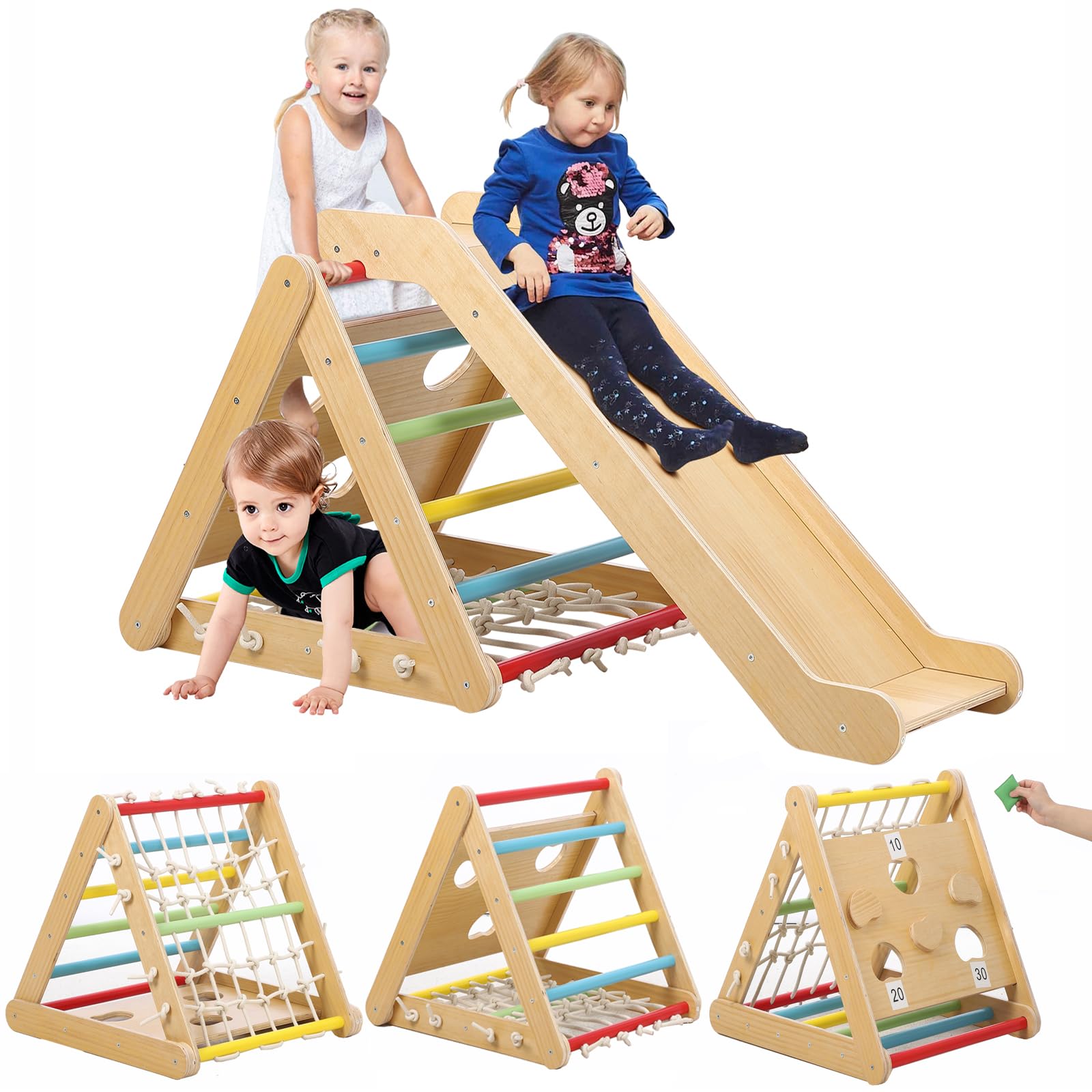 GARVEE 2-in-1 Wooden Climbing Toys for Toddlers - 3-Sided Triangle Climber with Climbing Net, Slide Ramp & Sandbags - Indoor Gym Playset for Boys & Girls - Perfect Gift for Home, Daycare & Preschool Play Areas