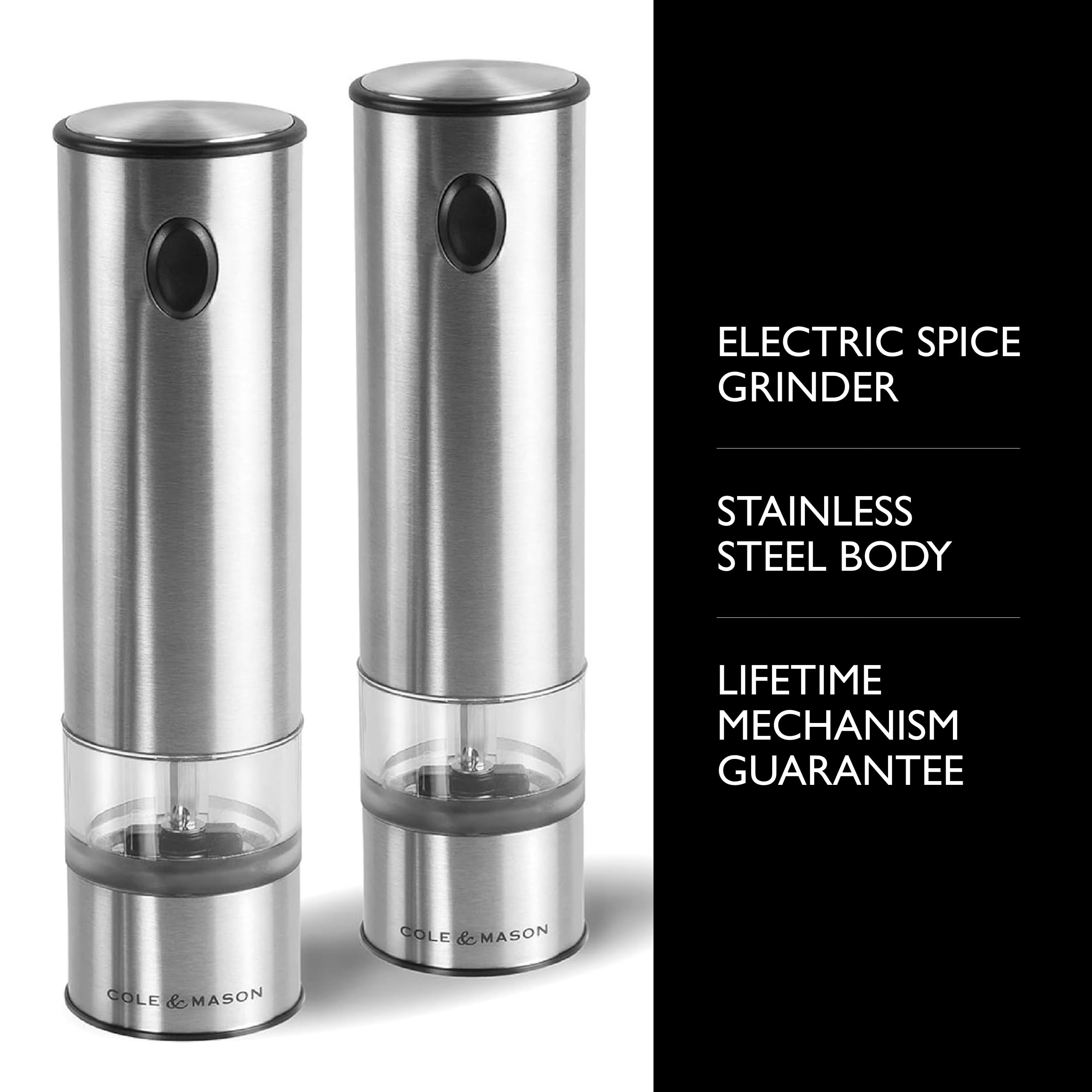 Cole & Mason Battersea Electric Salt and Pepper Grinder Set - One-Touch Operation, Adjustable Coarseness, Large Capacity Stainless Steel Spice Mill - Perfect for Kitchen, Dining Table, and Gourmet Cooking