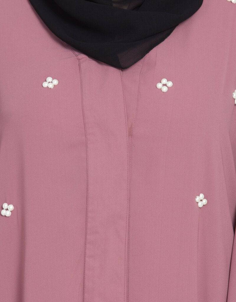Elegant Arabic Butterfly Sleeve Open Front Pearl Embellished Dubai Kaftan - Pink Abaya for Women | Perfect for Weddings, Parties & Special Occasions