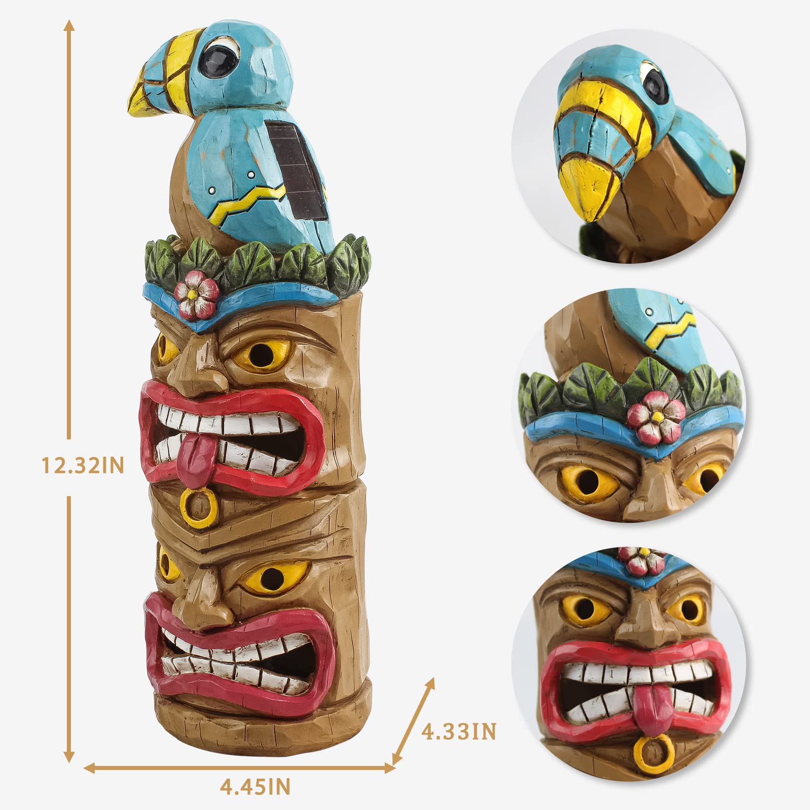 Solar-Powered Tiki Totem Pole - 12.32 Inch Tall Outdoor Tiki Decor for Tiki Bars, Patios, Balconies, Yards & Backyards - Perfect for Tropical-Themed Parties & Luau Decorations