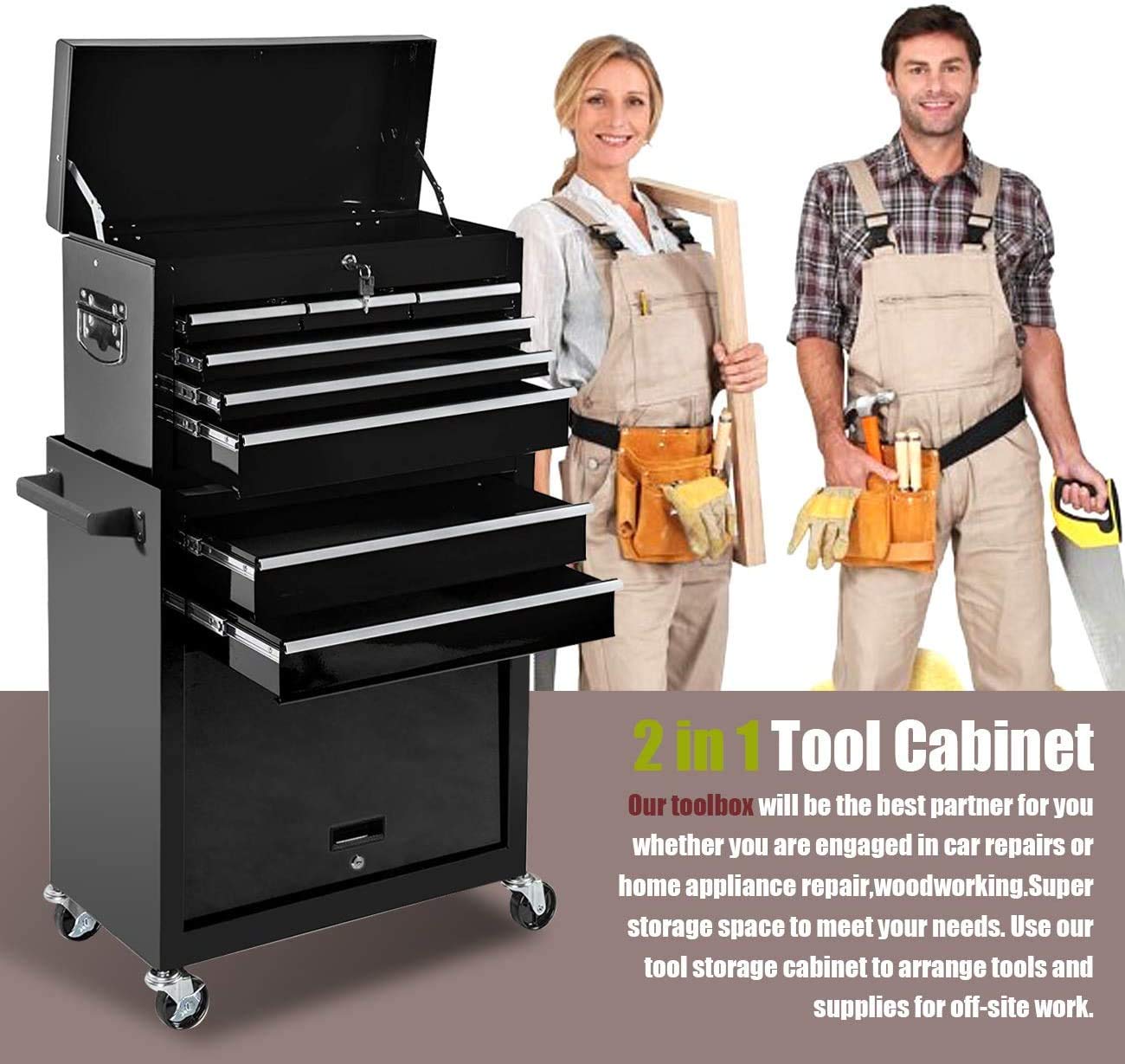 8-Drawer Rolling Tool Chest with Lock - Heavy-Duty Sliding Drawers & 4 Casters - High Capacity Tool Storage Cabinet for Garage, Workshop, Warehouse - Removable Organizer for Mechanics & DIY (Cool Black) - Perfect for Professional Tool Organization & Home Improvement Projects