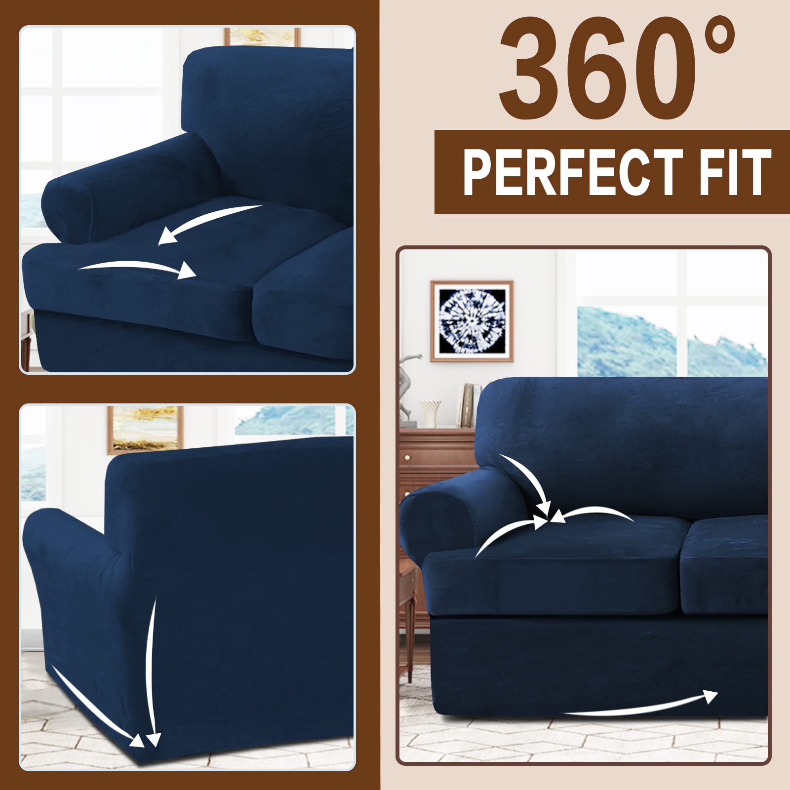 Velvet T-Cushion Sofa Slipcover 4-Piece Set - Soft Stretchable Couch Cover for Sectional Sofas - Furniture Protector with 3 Individual T-Cushion Seat Covers (Navy Blue) - Perfect for Living Room, Family Room & Home Decor