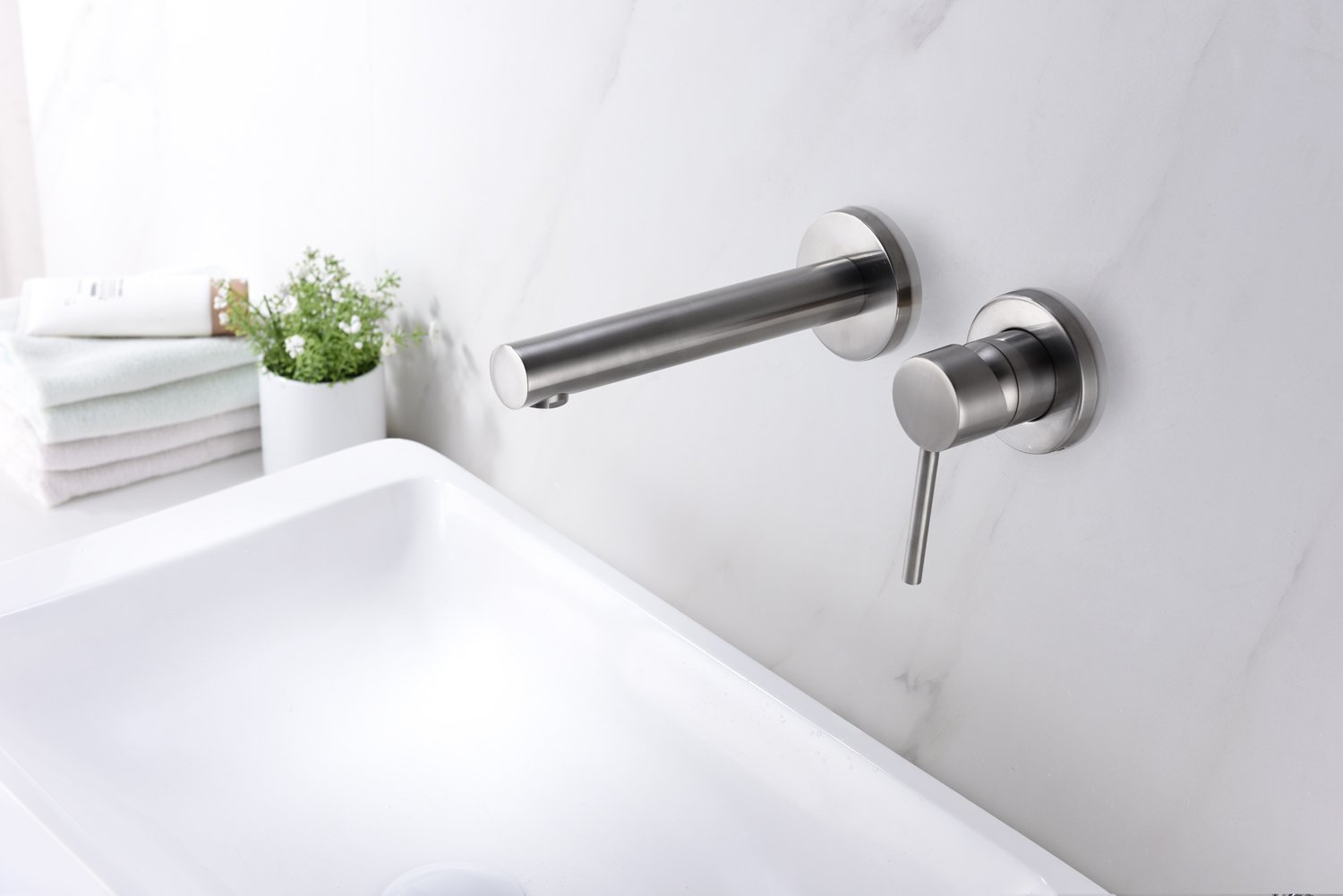 Sumerain Brushed Nickel Wall Mount Bathroom Faucet with Valve - Perfect for Modern Bathroom, Powder Room & Vanity Sink Installation