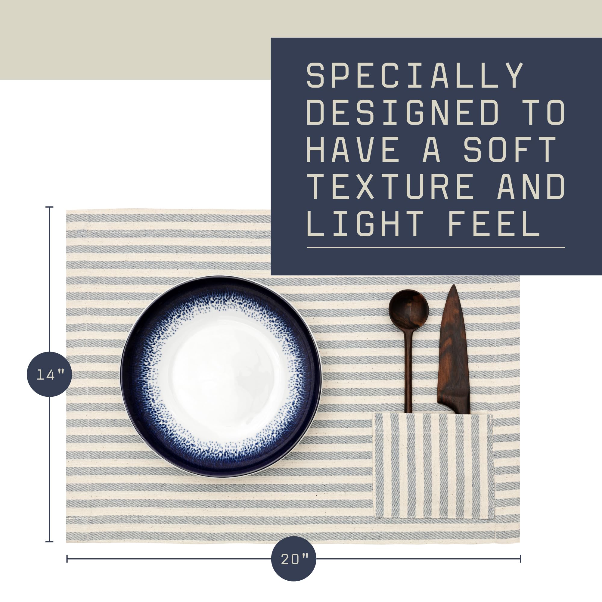 MEEMA 4-Pack Washable Placemats with Pockets - 14x20 Inch Recycled Denim & Cotton Farmhouse Table Mats for Dining Room, Kitchen, and Special Occasions | Rustic Striped Design for Home Decor and Holiday Gatherings
