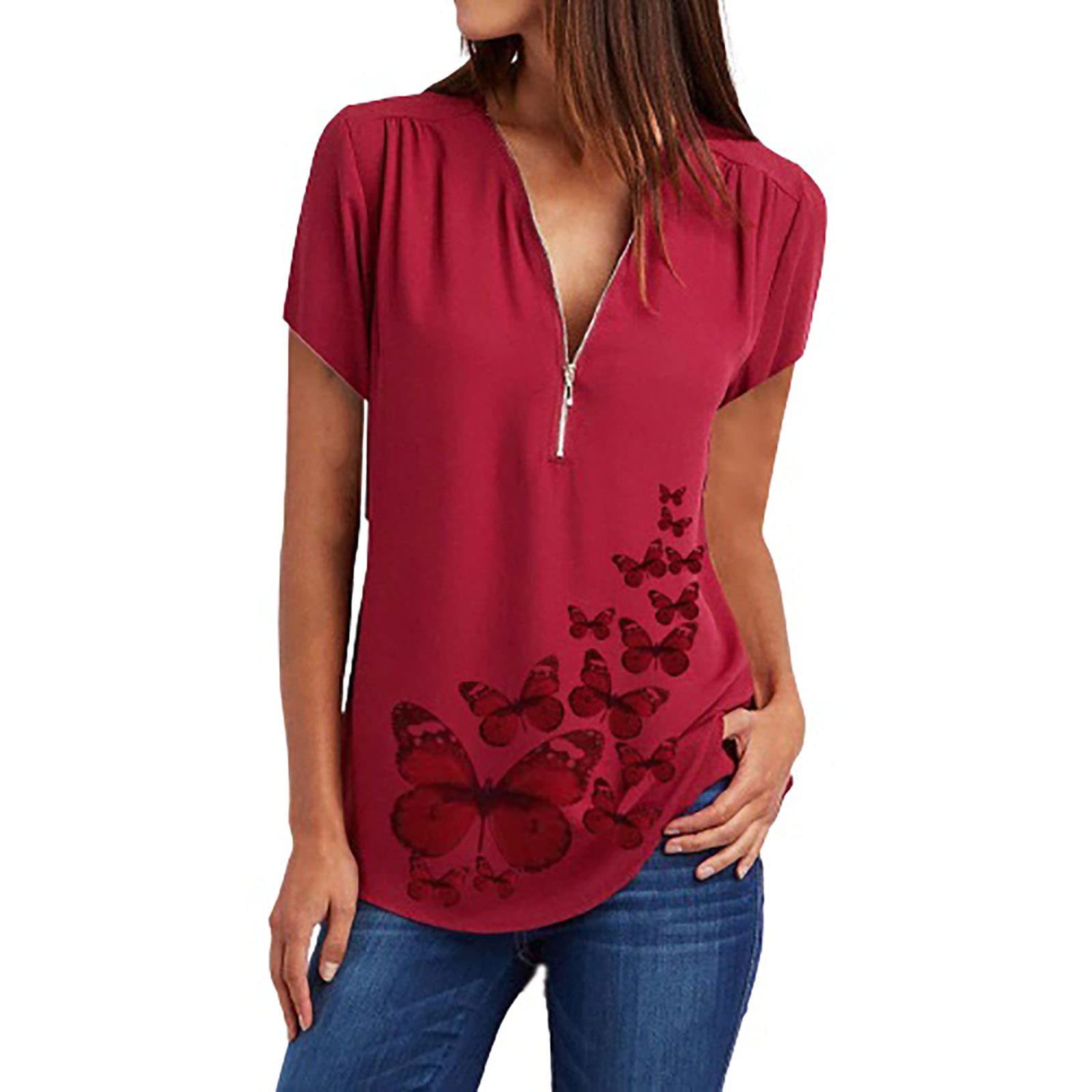 Women's Summer Zip Up Deep V-Neck Short Sleeve T-Shirt with Butterfly Graphic Print - Casual Loose Fit Tunic Top for Beach, Vacation & Everyday Wear