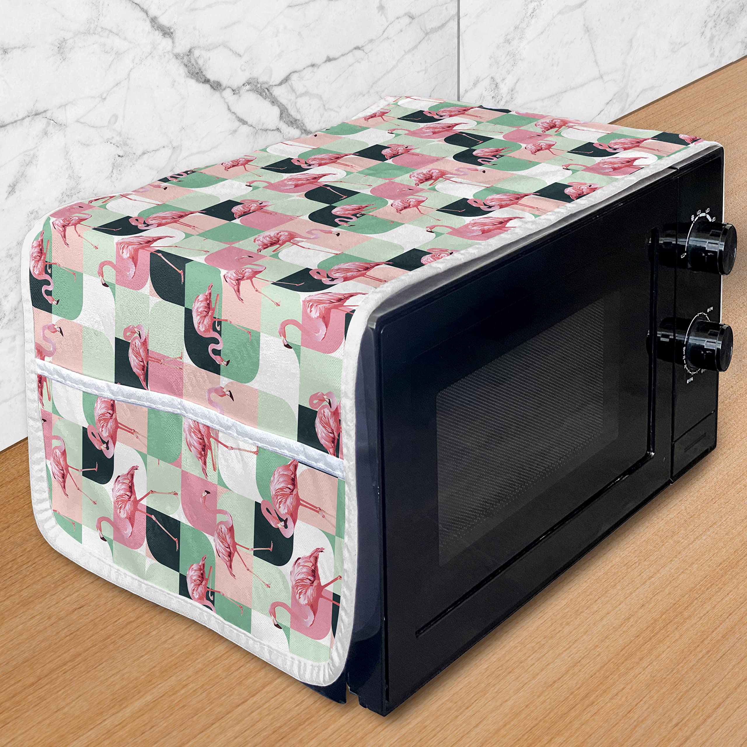 Vintage Florida Microwave Oven Cover - Pink Flamingos Abstract Design, Waterproof Kitchen Organizer with Pockets, 36