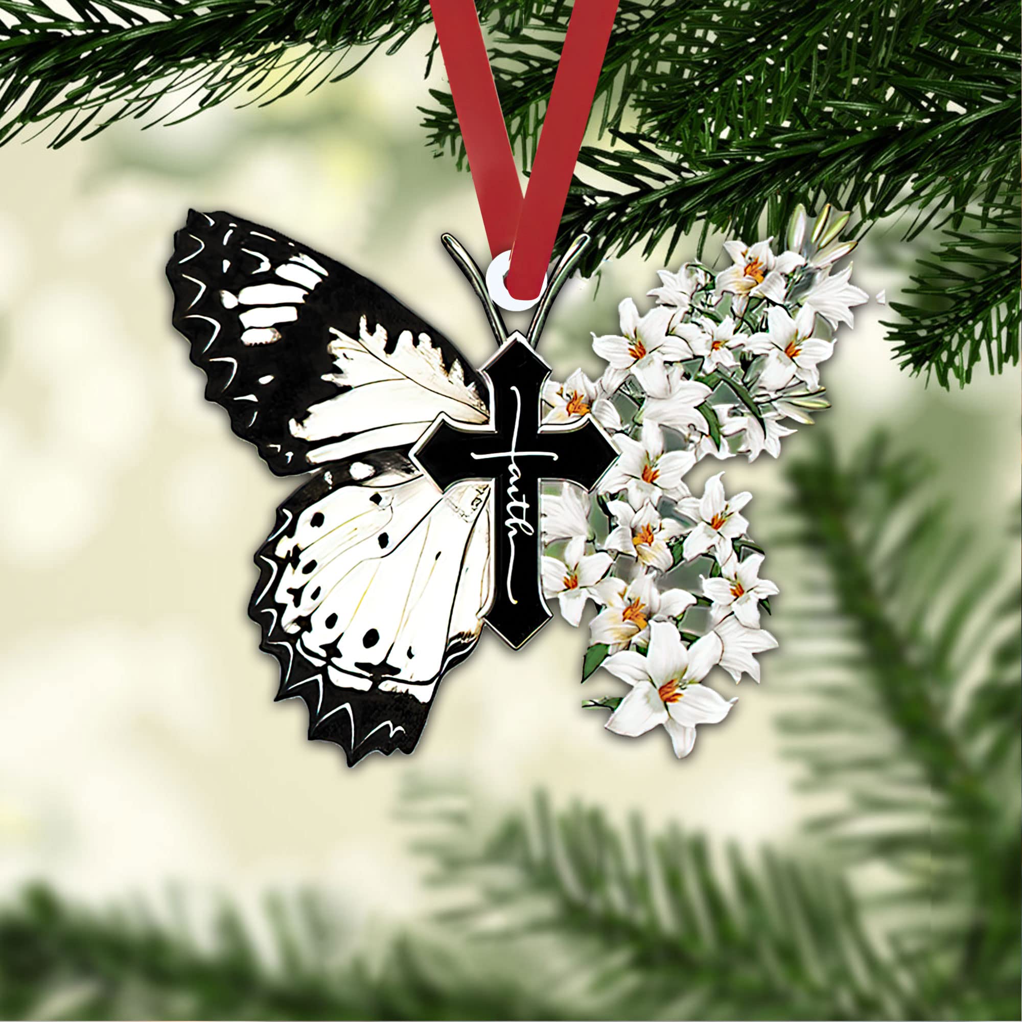 Talataca White Lily Butterfly Faith Jesus Cross Christian God 2D Flat Car Rearview Mirror Charm - Religious Car Accessory for Christian Believers, Christmas Tree Ornament & Home Decor Gift - Perfect for Vehicles, Holiday Decorations and Spiritual Gifting