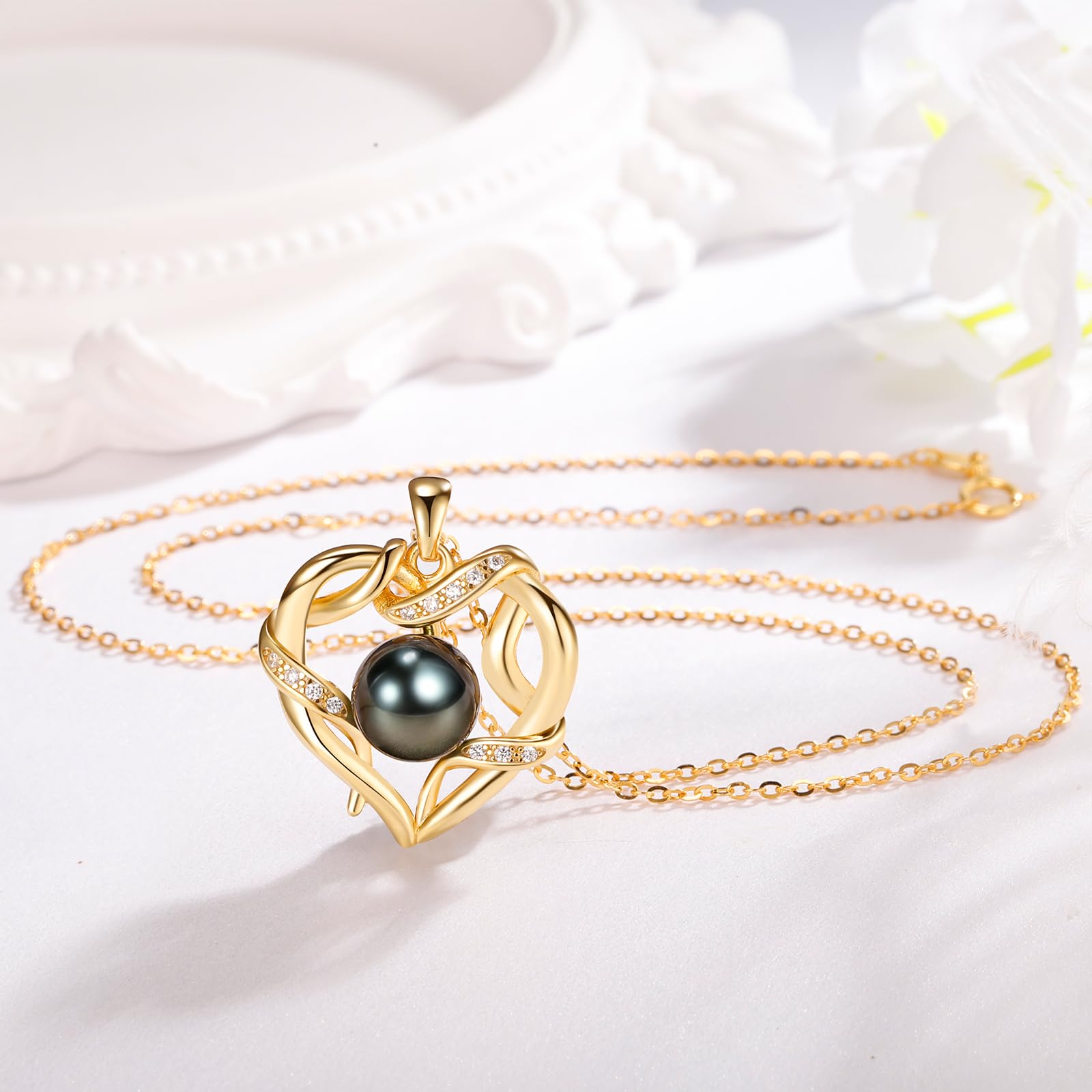 Tahitian Black Pearl Heart Necklace - 9-10mm Real Pearl Pendant for Women - Perfect Christmas, Anniversary, Birthday, Mother's Day & Valentine's Day Gift for Wife, Mom & Girlfriend - Elegant Jewelry for Special Occasions & Romantic Dates