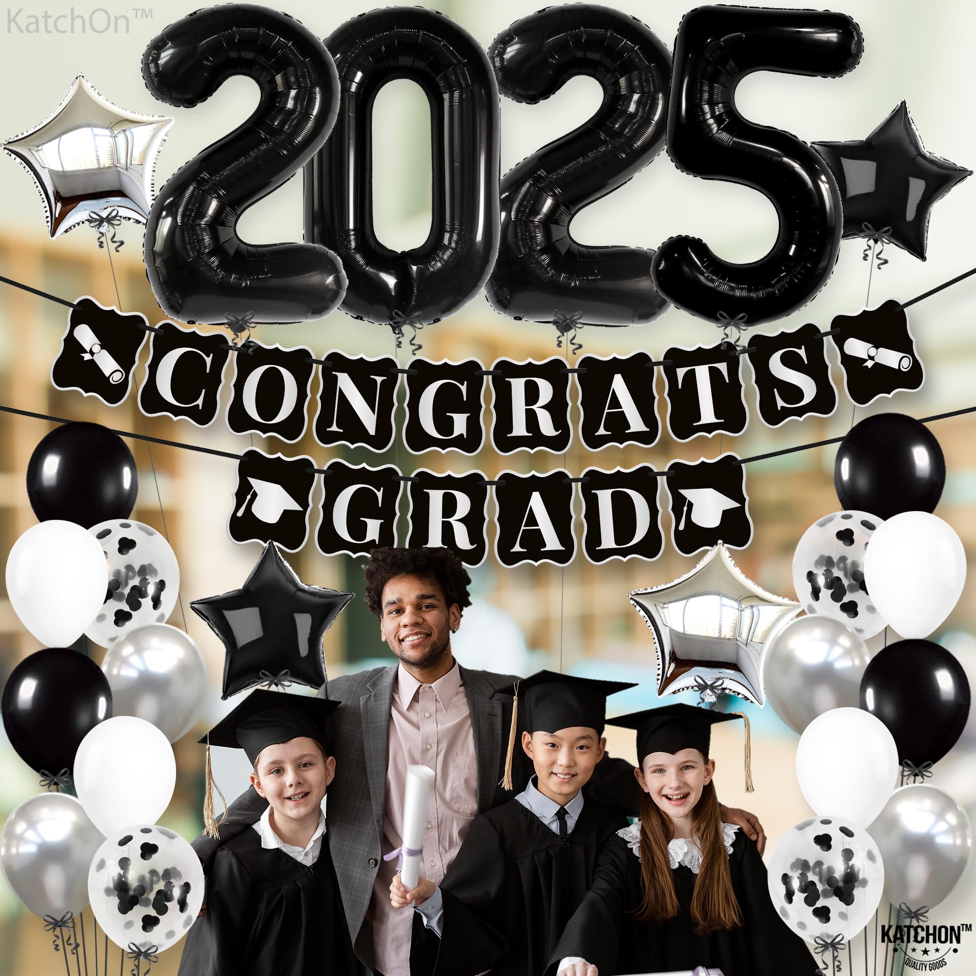 2025 Graduation Party Decorations Set - 43-Piece Black & Silver Balloons, Congrats Grad Banner | Elegant Black & White Graduation Theme | Perfect for High School & College Graduation Ceremonies, Parties & Photo Backdrops