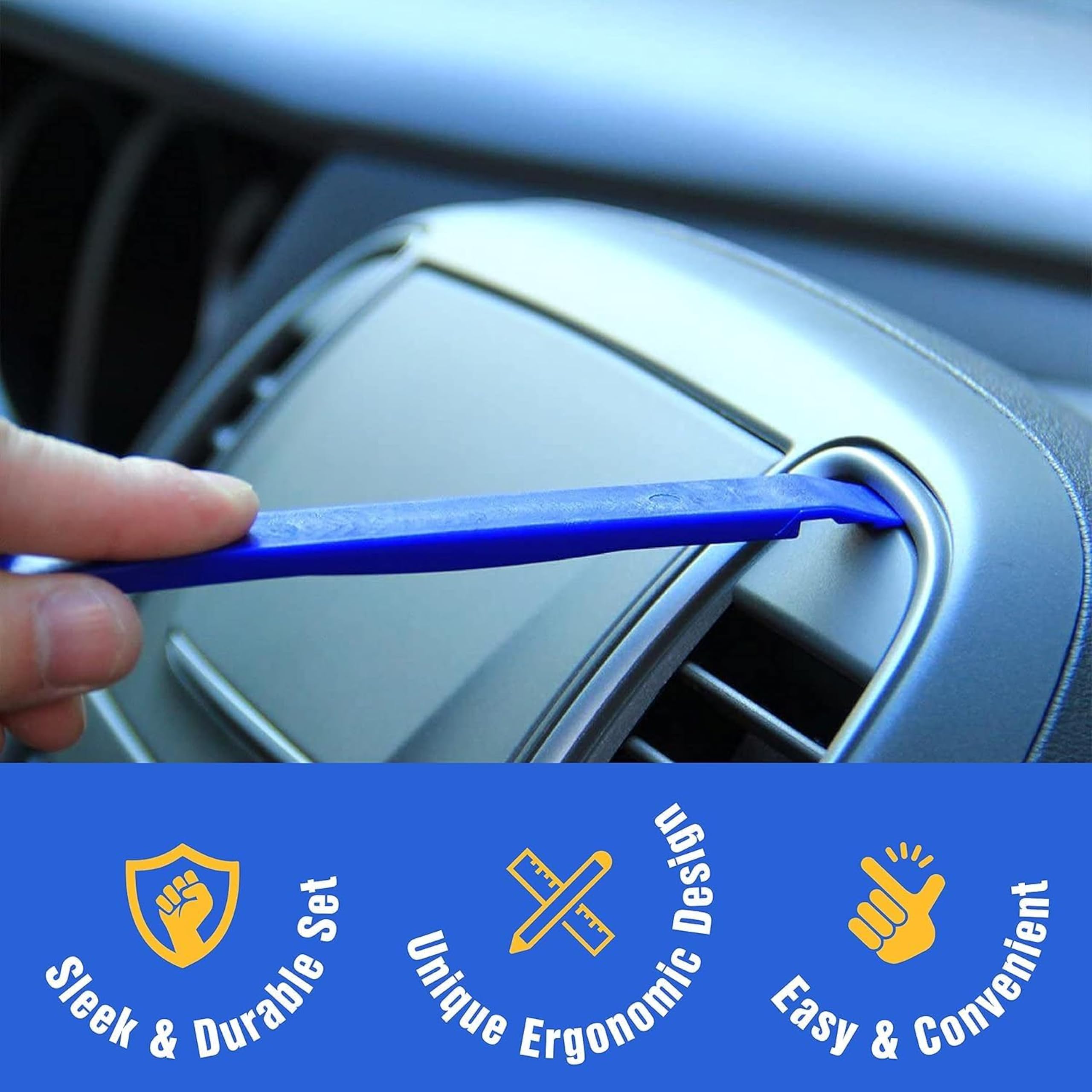 5-Piece Auto Trim Removal Tool Kit - No Scratch Pry Tools for Car Panel & Dashboard Removal - Includes Door Panel Tool, Push Rivets & Car Clips - Essential for Interior Trim Work - Blue - Perfect for DIY Car Repair, Detailing & Auto Interior Maintenance
