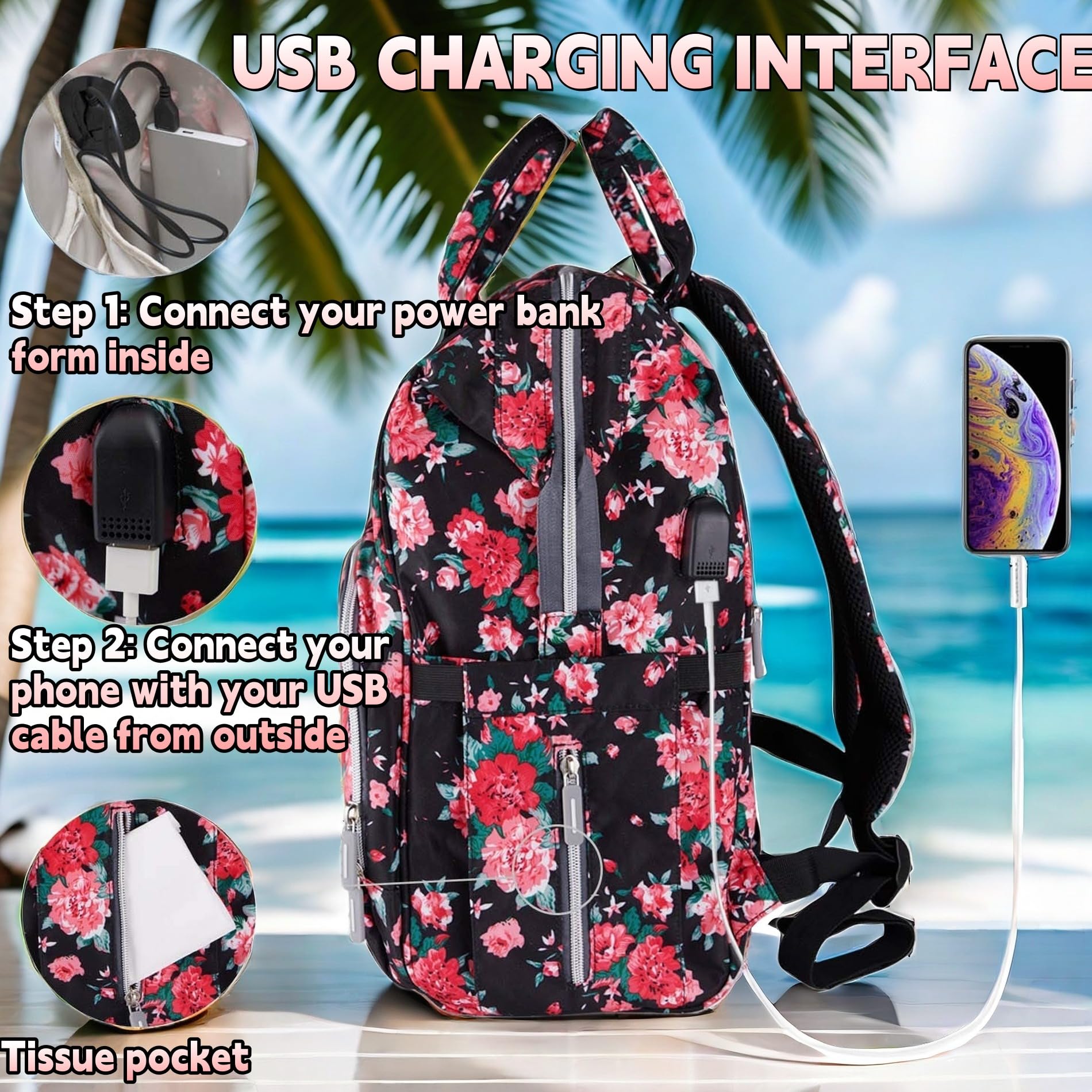 Floral Diaper Backpack for Women - Waterproof Baby Bag with USB Charging Port, Stroller Straps & Insulated Bottle Pocket - Large Travel Nappy Backpack for Moms (Red Flower Pattern) | Perfect for Daycare, Park Outings & Family Trips
