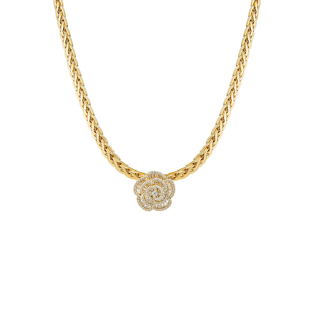 Pave X Baguette Flower Chain Necklace - Elegant Fancy Jewelry for Women, Perfect for Weddings, Parties & Special Occasions
