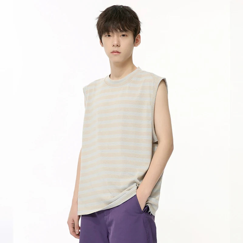 American Style Men's Tank Tops - Loose Fit Striped Sleeveless Shirts for Men | Breathable O-Neck Casual Top with Contrast Color (9C6377) | Perfect for Summer, Gym, Beach & Outdoor Activities
