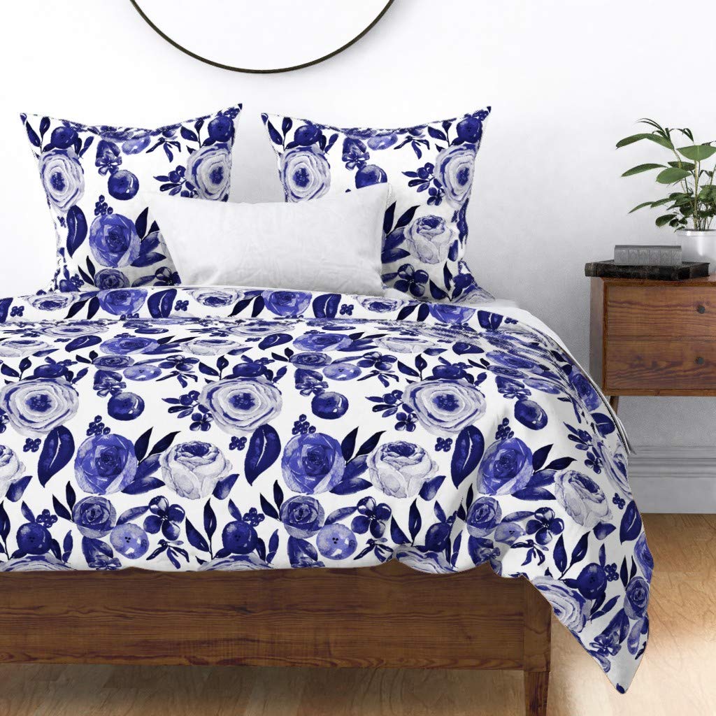 Premium Spoonflower Cotton Sateen Duvet Cover King/California King Size - Blue White Floral Watercolor Navy Modern Bedding Set | Chinese Inspired Home Decor | Perfect for Master Bedroom, Guest Room & Nursery